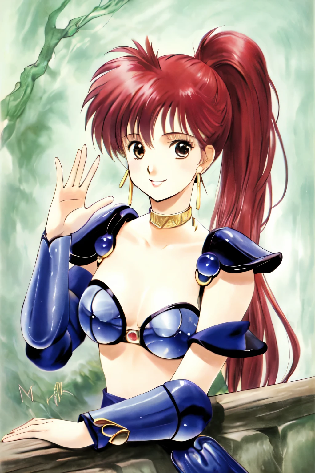 style by Mutsumi Inomata, ((upper body)), 1girl, alone, asagiri youko, choker, bikini armor, earrings, vambraces, knee boots, Smile gently and wave your hand on your chest,