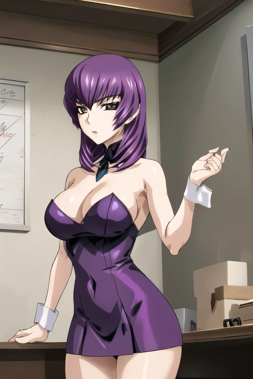 Kouzuki Yuuko con un vestido morado sentada en un banco blanco, diosa, ekaterina, vestida de morado, traje morado, pose de glamour, foto de perfil, wrapped in purple, lilac, cautivador y tentador, posing for a playboy photo shoot, pose sexy, nueva lechera, glamor photography, 4 k glamor photography