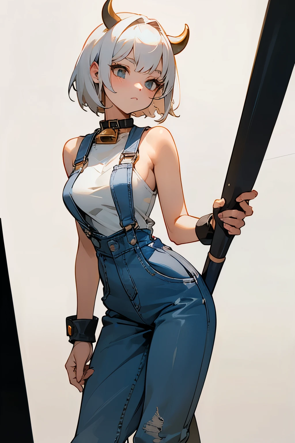 Cute girl, short white hair, exposed shoulders, medium-sized and tempting breasts, cow horns, cow ears, cow collar, bell, wearing wide jeans cut off at the ankle, ((jumpsuit)), overalls only, overalls, coveralls, jumpsuits only, overalls only 🐄🔞