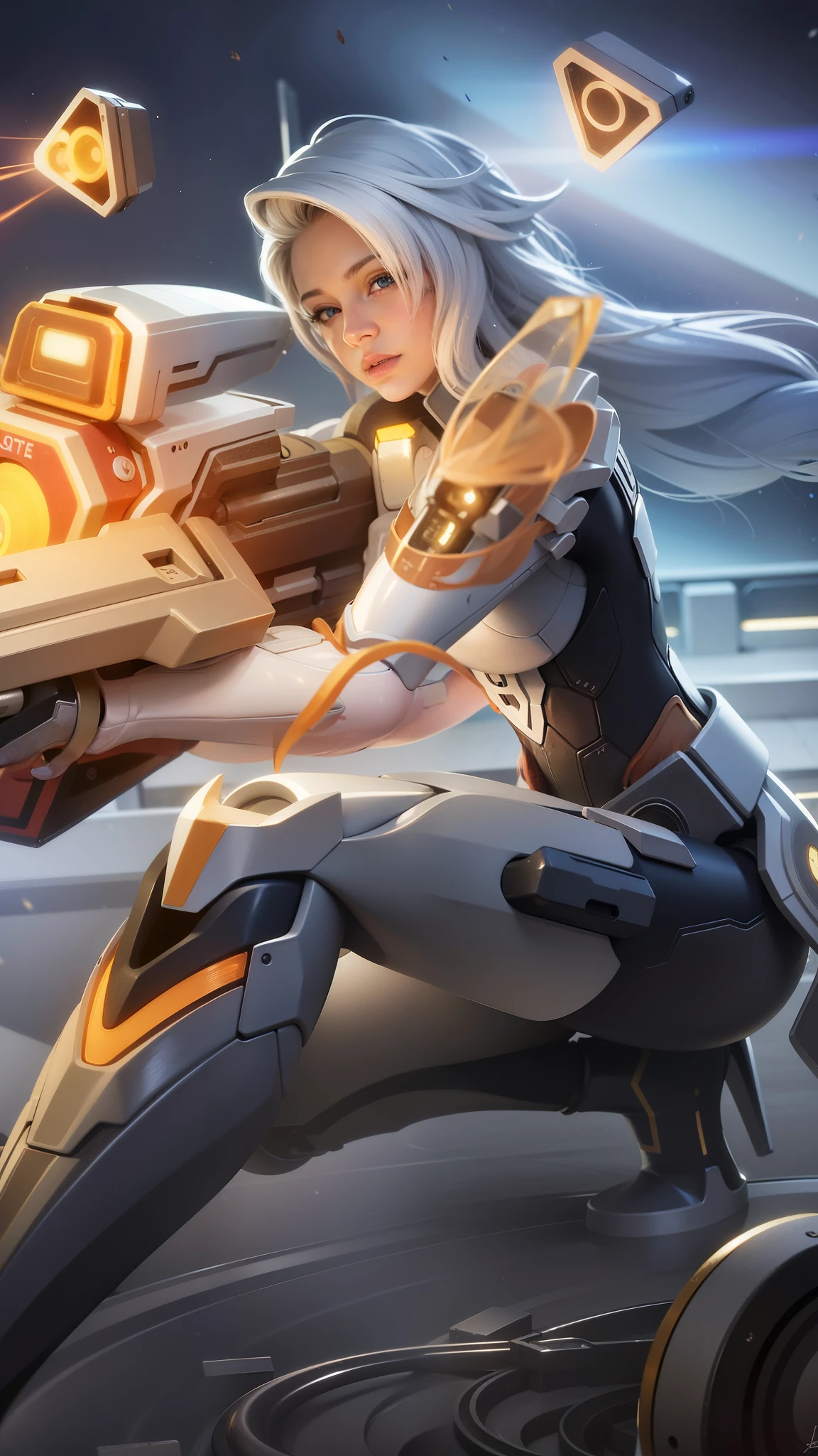8k, ultra hd, ultra detailed texture, hyper realistic, masterpiece, detailed texture, detailed face, detailed skin, detailed lighting, (photorealistic:1.5), best quality, beautiful lighting, cinematic lighting, professional lighting, ultra highres, realistic, detailed hair, real hair, high quality, (realskin:1.5), extremely detailed, finely detail, ultra-detailed, 1girl, cute face, red hair, blue eyes, close-up shot of a girl with a gun in her hand.