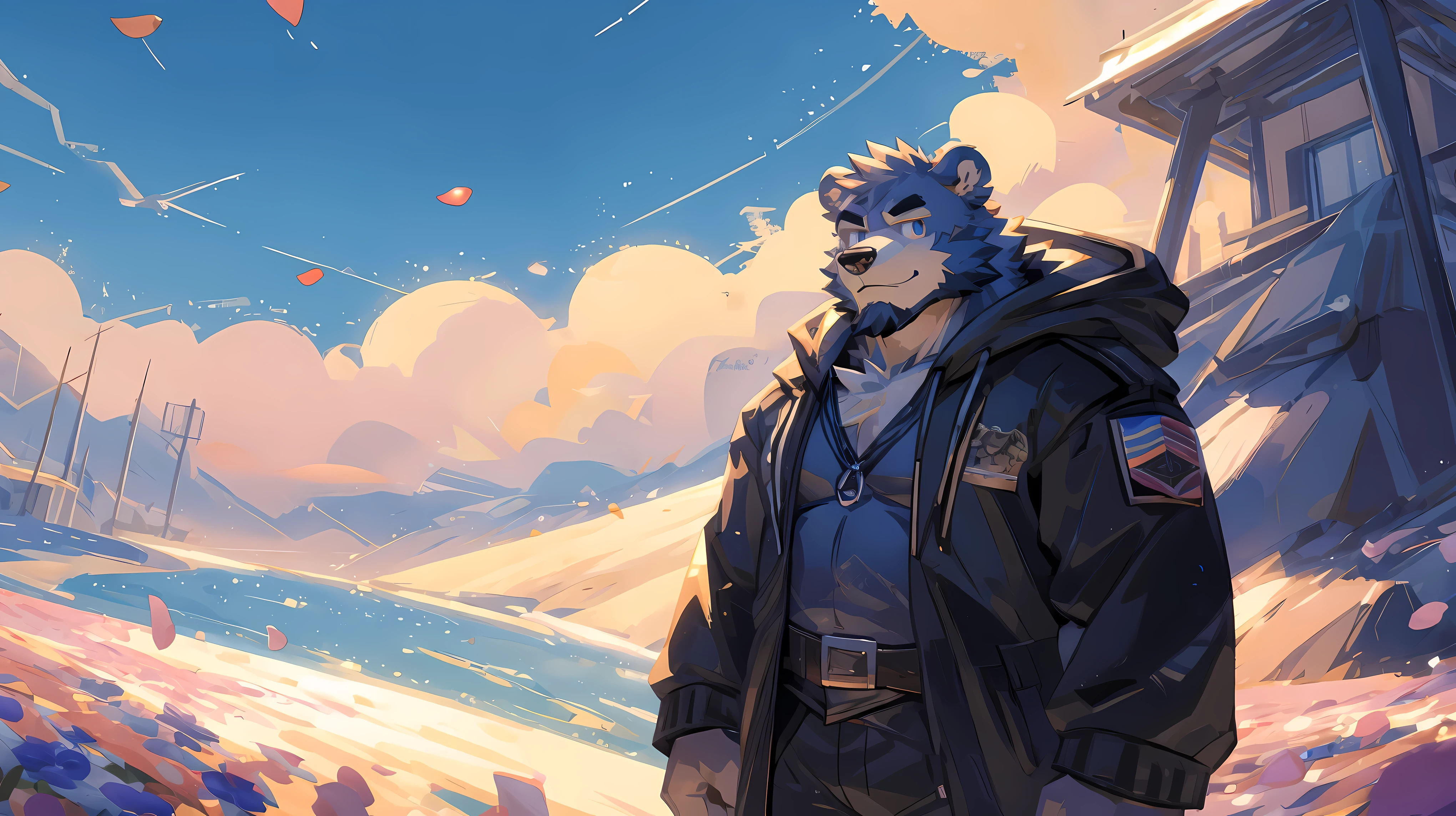 (masterpiece:1.2), best quality,pixiv,official art,(Light线追踪, Light), (Petals in the sky :1.3), (1_male:1.3), (alone:1.2) , portrait , (muscle), (gray fur:1.4), (muscle bear), (bear tail), (beard:1.2), (闪闪发Light的金色眼睛), thick eyebrows, open hoodie, naked inside, cargo shorts , Salar de Uyuni ,reflection, looking at the audience, whole body ,Ocean滩 , Ocean , 陽Light明媚
