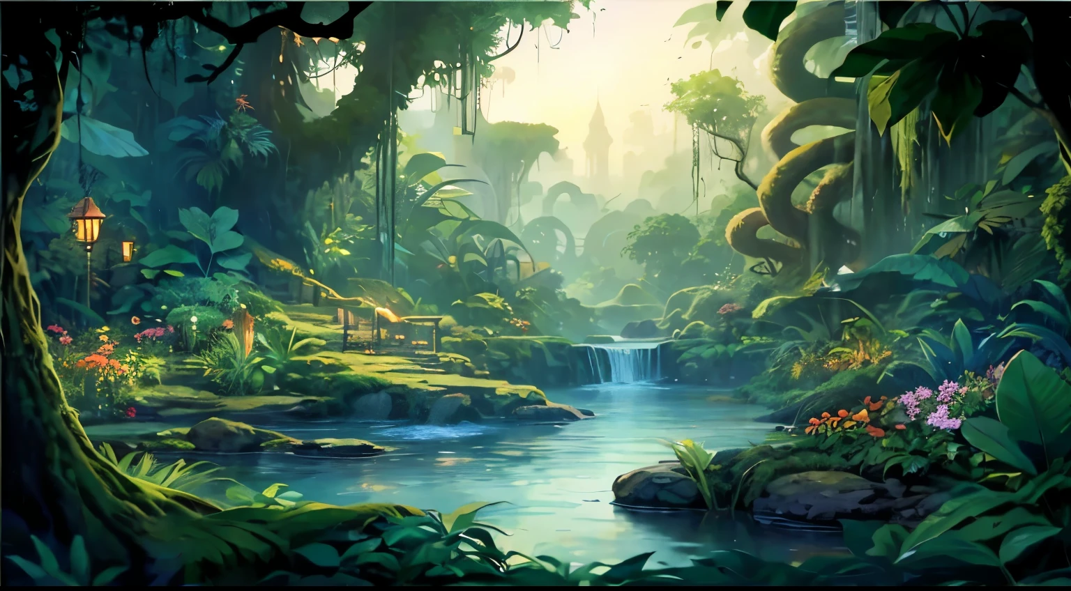 A painting of a jungle scene with waterfalls and trees, mysterious jungle, fantasy jungle, beautiful jungle, . background: jungle river, Art Nouveau Jungle Environment, jungle landscape, From the depths of the jungle of another world, fantasy forest, fantasy magic vegetation, magical environment, jungle nature, lush surroundings, Mysterious forest lagoon, fantasy landscape, the background is lush jungle, beautiful jungle landscape