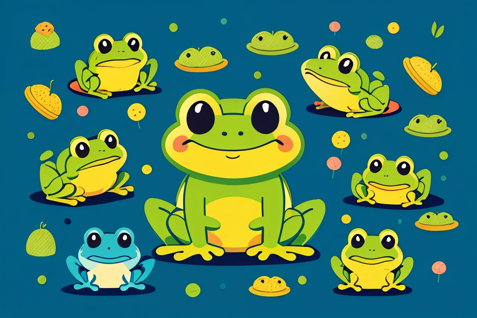happy frog, cute frog, Sponge pads, cartoon style, Flat style illustration, four colors, -v 5 -s 250