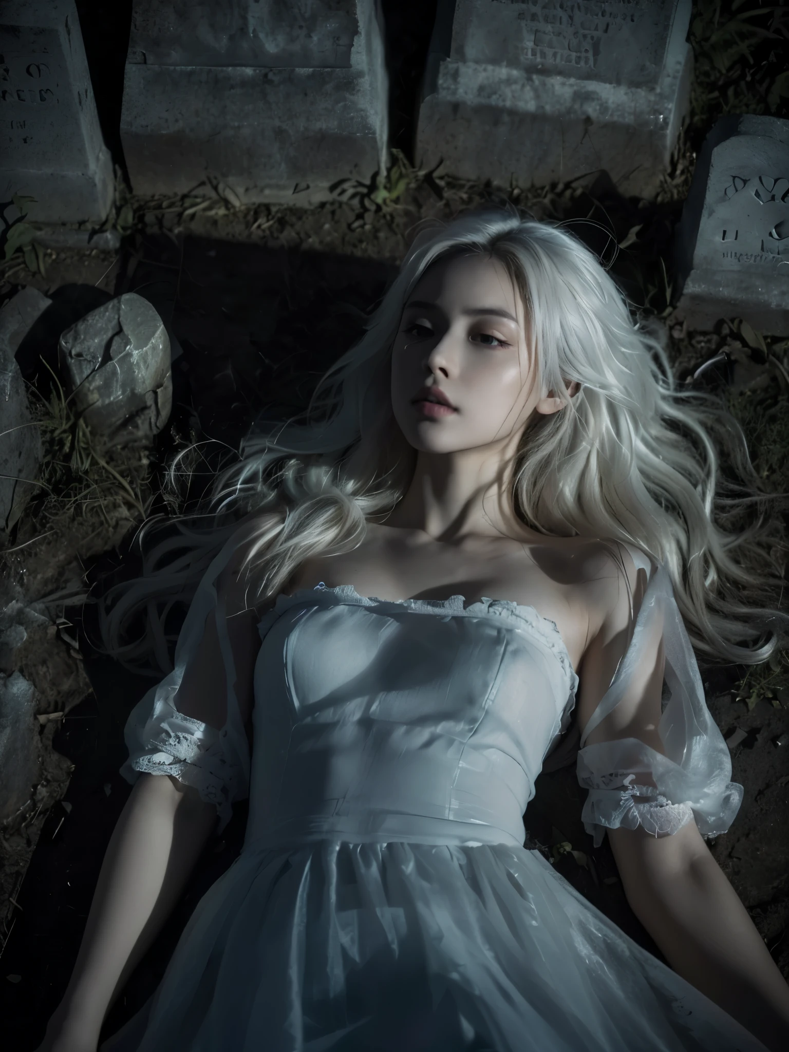 ((very sharp photo result & detailed face)) (((detailed texture))) (((Best Quality))), (((masterpiece))) (((hyper realistic photo)) night scene, less light, backlight dramatic shoot of a pretty pale japanese with long wavy white hair, gothic makeup with good body, hands covering her chest, tights raised, moist glowy body skin, wear short white dress, lies on the concrete cracked texture grave ground with aestethically pose, graveyard environtment, greass, sands, gravestones, dramatic shade of light, good anatomy, good body proportion, dramatic light & shadow photography, blue tone lighting accents, medium format, correct anatomy, correct hand & fingers anatomy