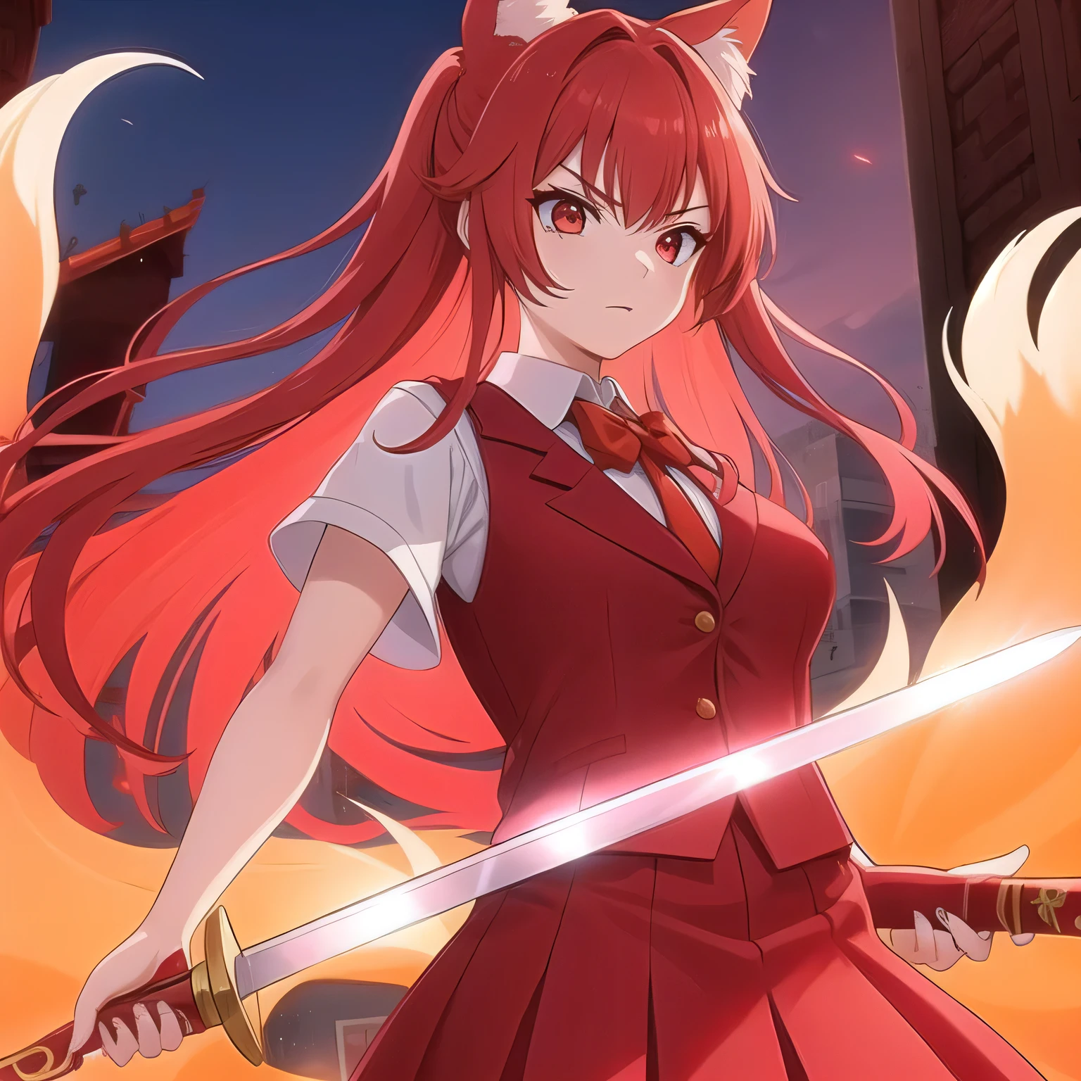 A woman in a red dress holding a sword in front of a building, maquiagem maquiagem, Estilo anime como destino/fique durante a noite, epic anime style, badass anime 8 k, estilo anime 4k, raposa e naginata segurando arbusto, papel de parede de anime, Trends on Devianart, raposa e arbusto, Gamoe Yandere