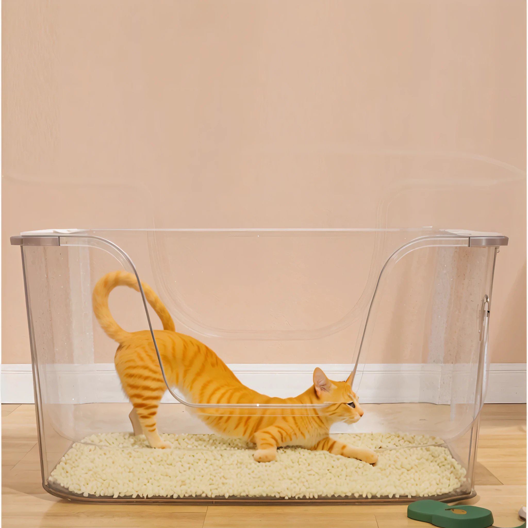 有一个plastic容器,There is a cat inside, liquid cat, Maurizio Cattelan, 由透明plastic制成, 透明的cat litter box, Karim Rashid, cat litter box,cat toilet,plastic, 闪亮的plastic, inspired by Sarah Lucas, side view,把图一的cat litter box造型换成图二,图二变成透明的cat litter box