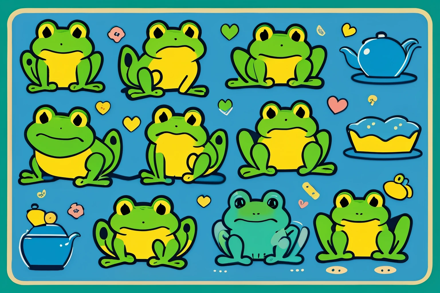 summer collage, frogs drawing, bows, play cards, deep colors, coctails