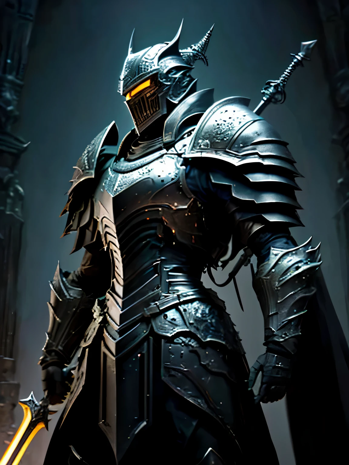 Close up of a knight with shinning black armor holding a sword with black blade in a big dark room while looking away, dark souls art style, dark souls art, shadow armor, evil knight