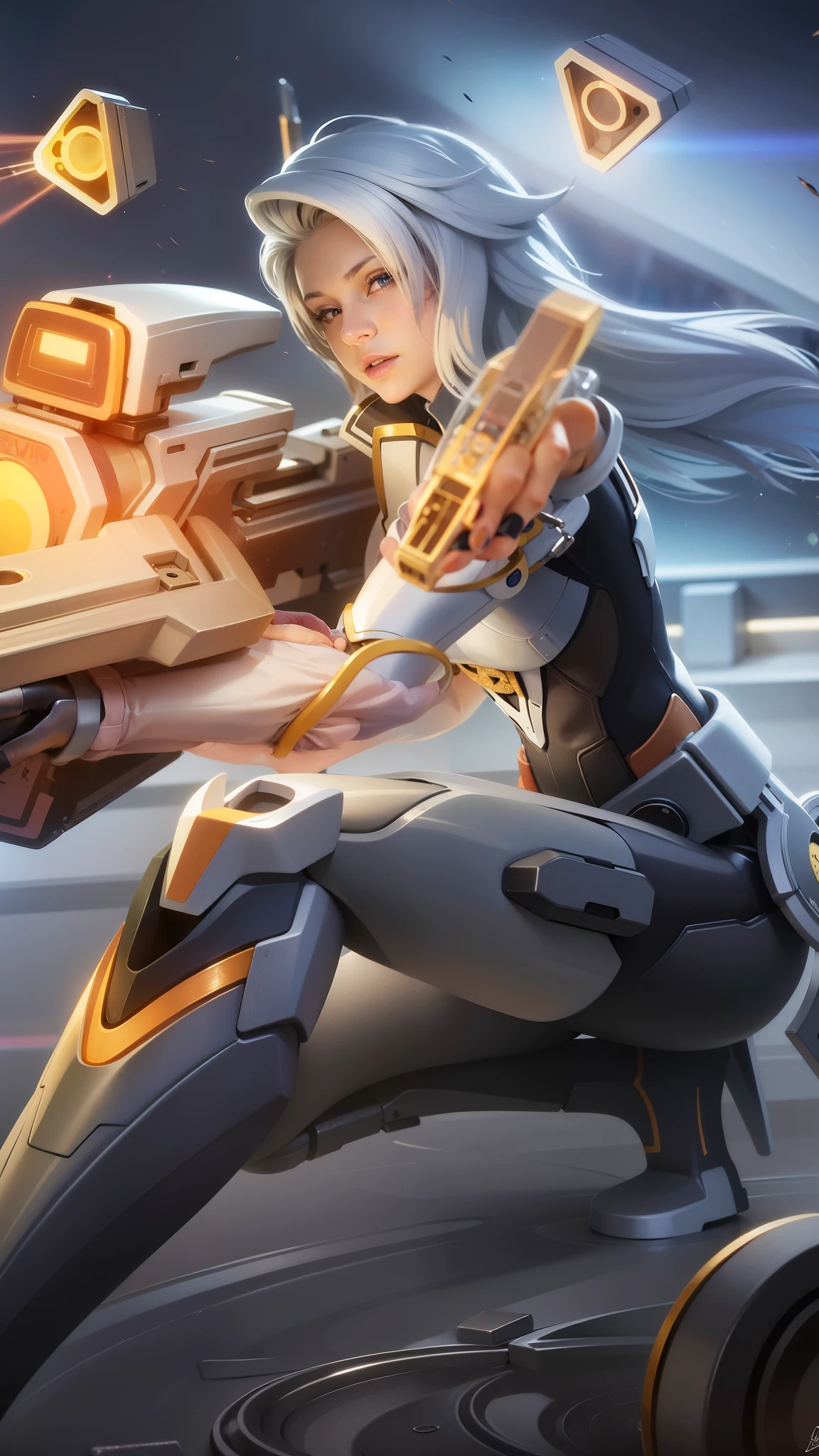 8k, ultra hd, ultra detailed texture, hyper realistic, masterpiece, detailed texture, detailed face, detailed skin, detailed lighting, (photorealistic:1.5), best quality, beautiful lighting, cinematic lighting, professional lighting, ultra highres, realistic, detailed hair, real hair, high quality, (realskin:1.5), extremely detailed, finely detail, ultra-detailed, 1girl, cute face, red hair, blue eyes, close-up shot of a girl with a gun in her hand.
