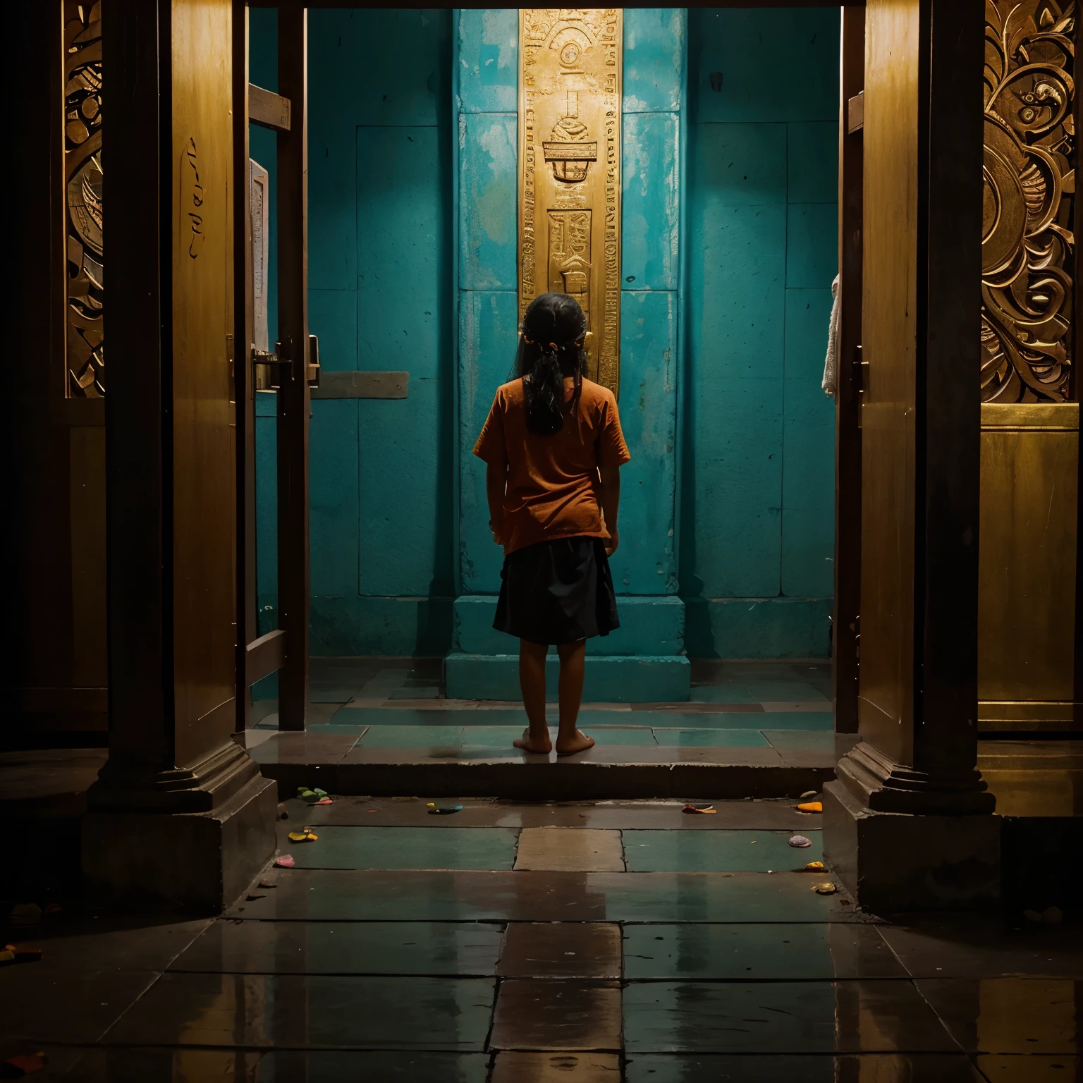 Generate an abstract artwork exploring the depths of human emotion, using color, form, and texture to convey feelings of [hindu, temple , kid prayer, sorrow, love, temple].