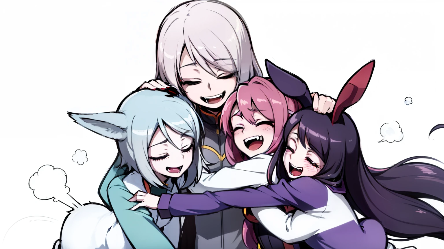 anime characters hug each other with their arms around each other, hug each other, anime cel shading, SSSS.Gridman, DDLC, Furafinity!!!!, sibling, 2D anime style, 2D anime, hug, Various positions, Stacked around, Witch scholar, they are sibling, Koda Kazuma, Everyone has fun., Full color, cry