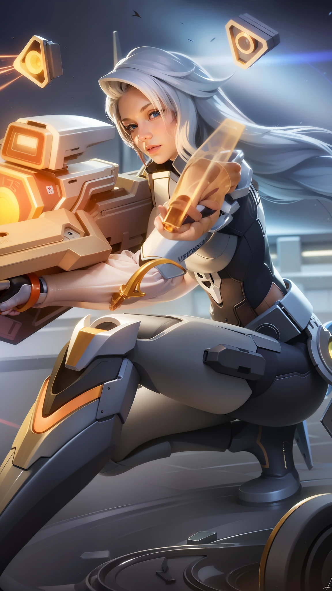 8k, ultra hd, ultra detailed texture, hyper realistic, masterpiece, detailed texture, detailed face, detailed skin, detailed lighting, (photorealistic:1.5), best quality, beautiful lighting, cinematic lighting, professional lighting, ultra highres, realistic, detailed hair, real hair, high quality, (realskin:1.5), extremely detailed, finely detail, ultra-detailed, 1girl, cute face, red hair, blue eyes, close-up shot of a girl with a gun in her hand.