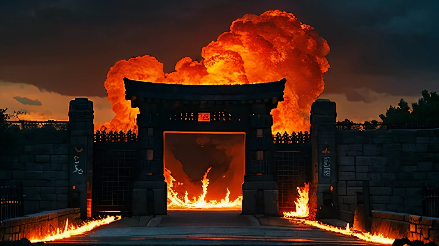 burns fiercely、A huge black stone gate engulfed in red flames、Standing against a dark and ominous sky。The power of that gate is magnificent。Strange hieroglyphics are engraved on the gate.、That gate is eerily open。