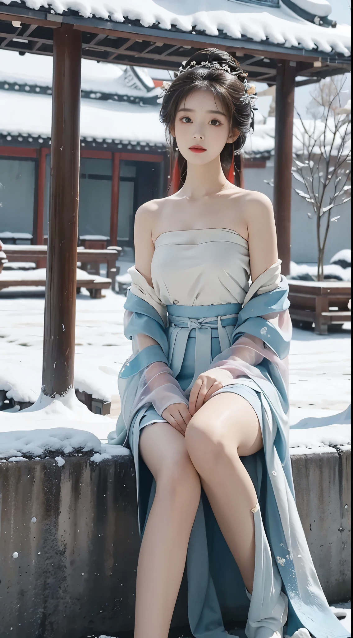 hanfu-song, hanfu, song theme, bandeau, tube top,（8k， original photo， best quality， masterpiece：1.2），（realistic， Shoot real：1.4)，hide your face from sadness，Alice Gainsborough， ((knee shot))， bare shoulders，The skirt is short, Very short skirt, Nice slender legs, external， (external，covered with snow) high quality， Adobe lighthouse， High detail skin， looking at the audience，