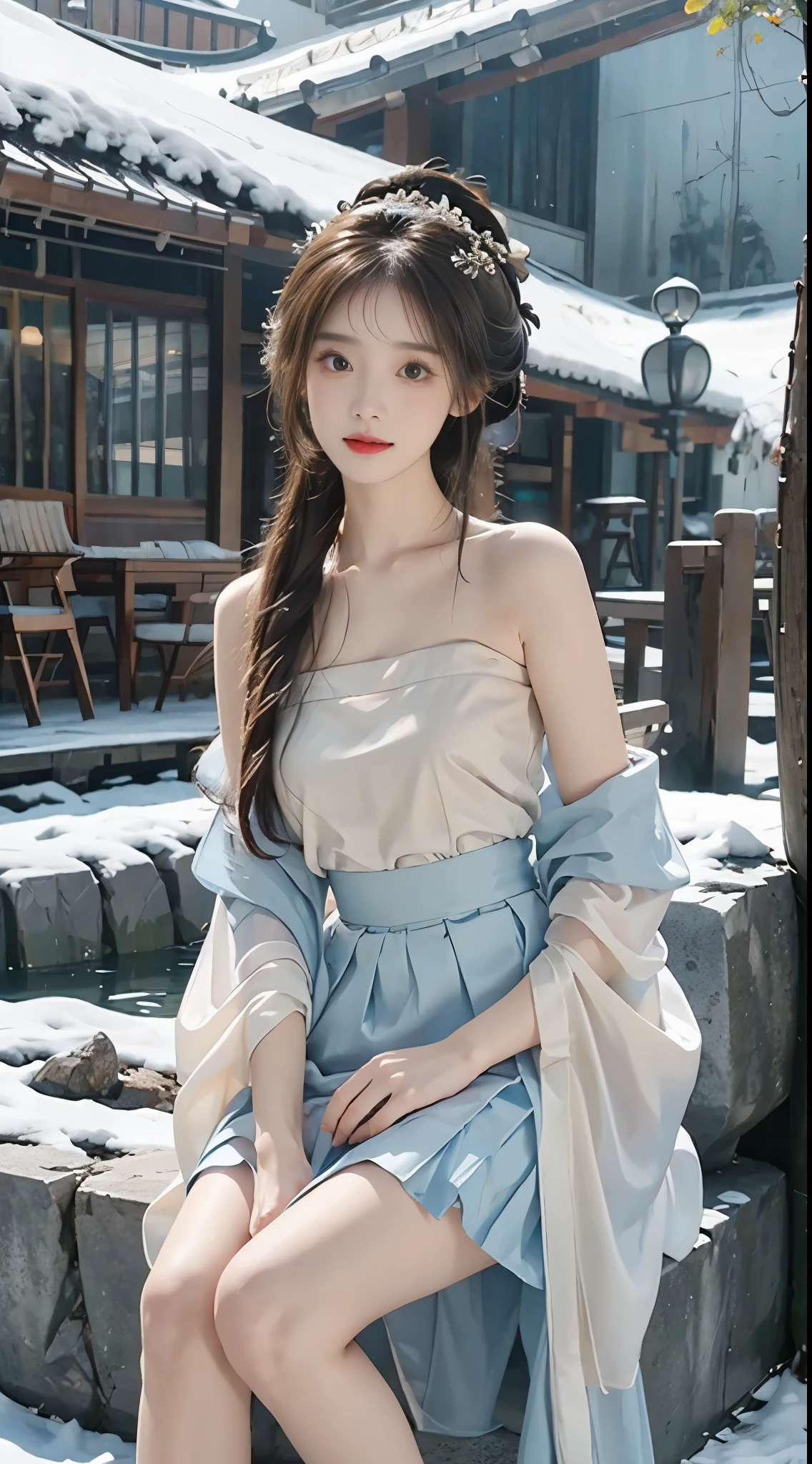 hanfu-song, hanfu, song theme, bandeau, tube top,（8k， original photo， best quality， masterpiece：1.2），（realistic， Shoot real：1.4)，hide your face from sadness，Alice Gainsborough， ((knee shot))， bare shoulders，The skirt is short, Very short skirt, Nice slender legs, external， (external，covered with snow) high quality， Adobe lighthouse， High detail skin， looking at the audience，