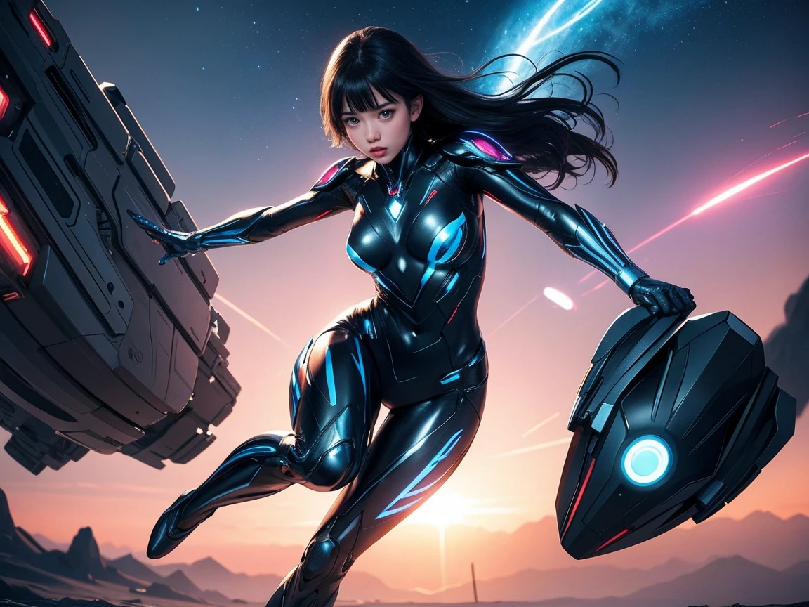 (Raw photo, highest quality), (realistic, Photoreal:1.3), 1 girl、realisticbody、Glowing battle suit costume、moving at high speed in space、avoid missiles、action pose、damage to the body