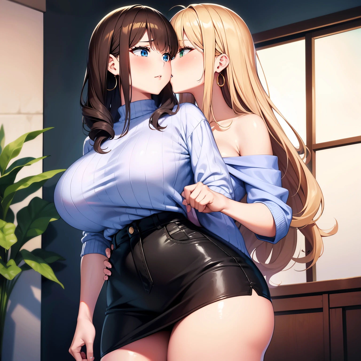 2girls, girl1: big breasts,cute,beautiful detailed eyes,shiny hair,visible through hair,hairs between eyes, brown hair,blue eyes, long hair, thick, soft smile, jeans, blue shirt, girl2: blonde hair, curly hair, medium hair, green eyes, flower earrings, pink nails, thick thighs, small breasts, big hips, pink off shoulder sweater, black skirt, kissing, kiss