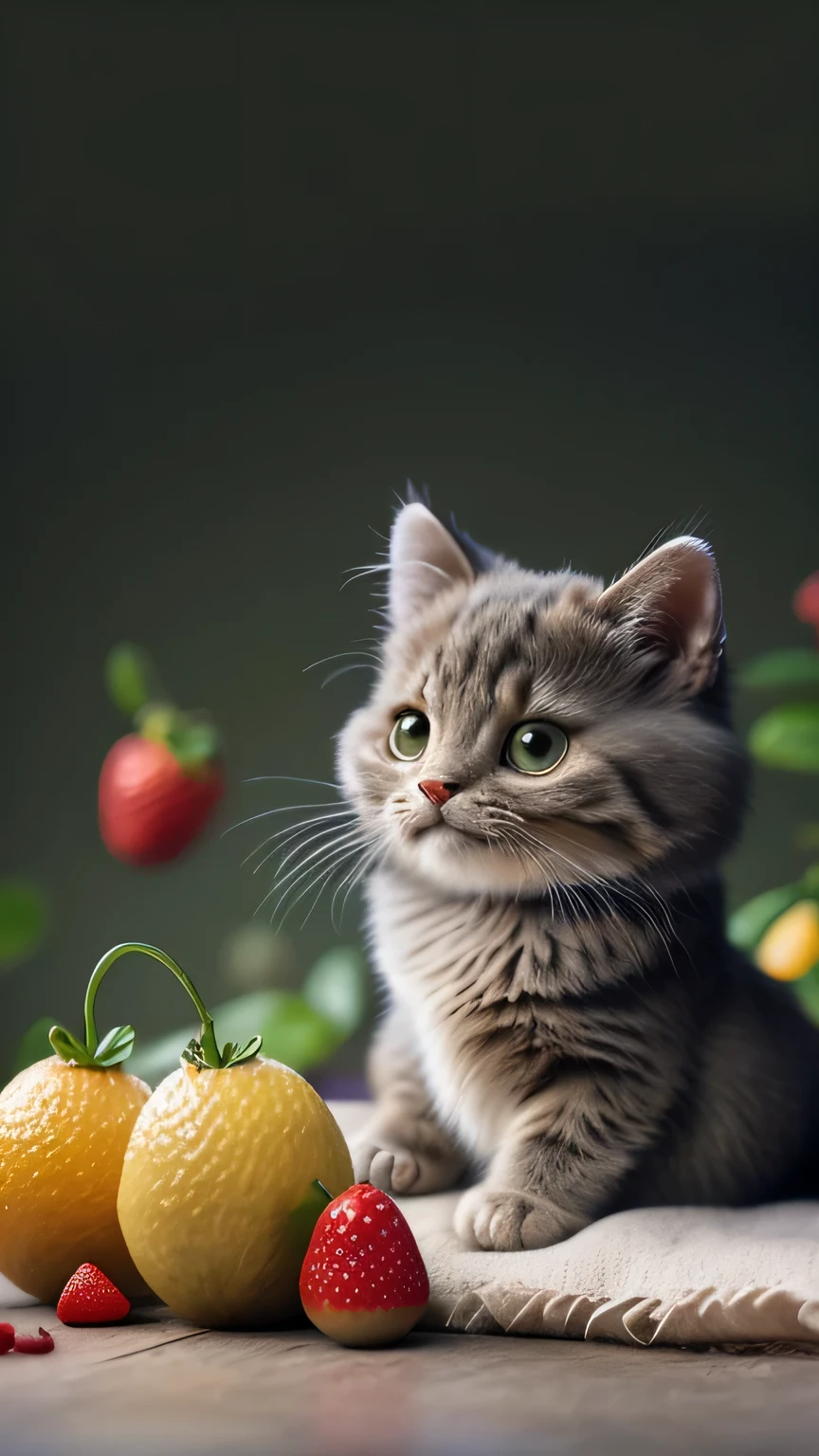 (Masterpiece, Award-winning, Best quality, high resolution) 3D illustration, 1 Cat, wearing an outfit, lying on a bed of juicy and ripe fruits, surrounded by a colorful fruit garden.