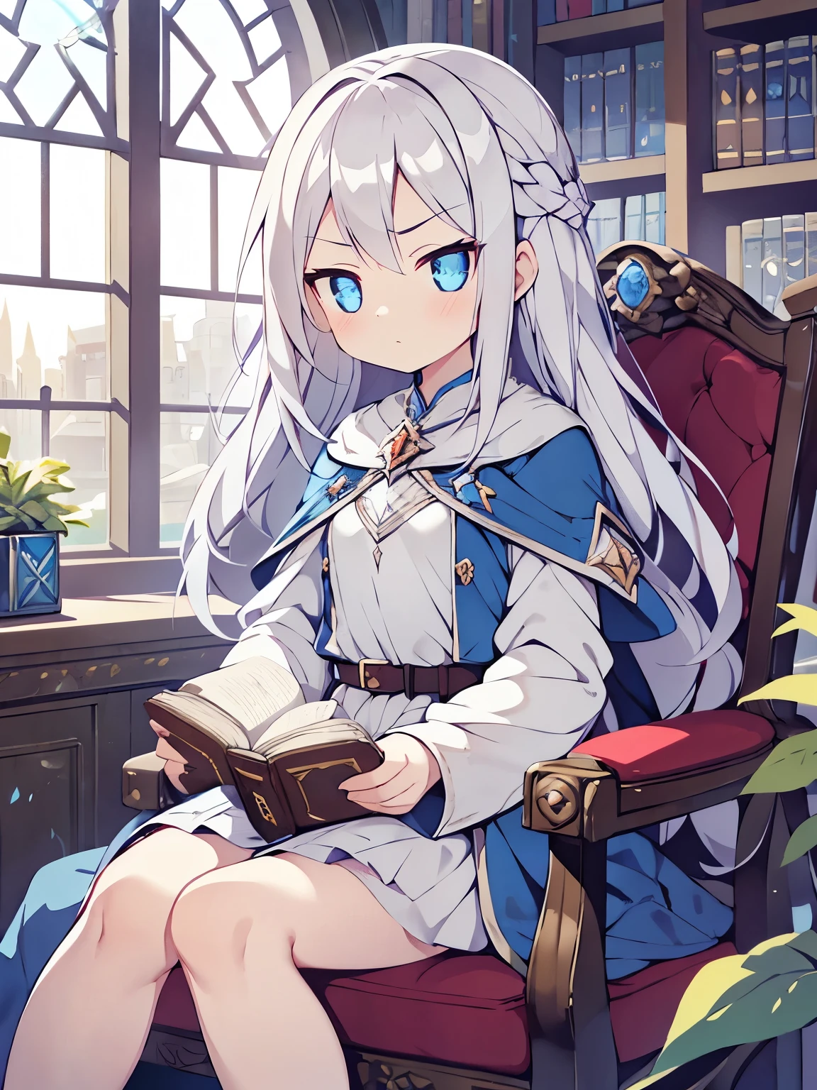 1girl, mage outfit, beautiful long silver hair, radiant glowing blue eyes, cute face, inside library, posed,  holding a magic book ,serious expression,  looking at the windows, beside window, flats chest, reading a book, looking at the book, sulky face, short skirt,  sit on the chair,  