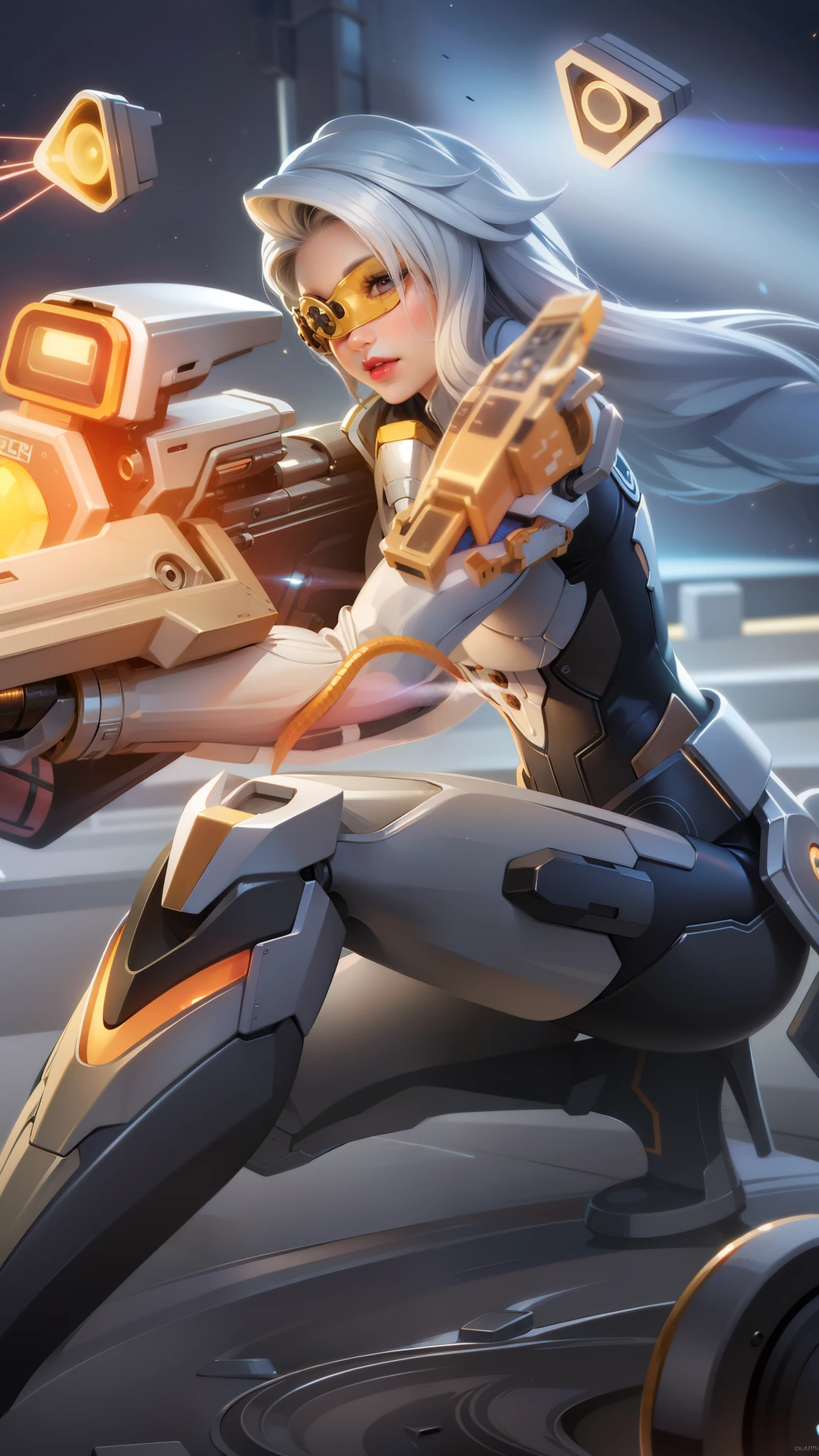 a close up of a woman on a motorcycle with a gun, white long hair, red lips glossy, 8k, ultra hd, ultra detailed texture, hyper realistic, masterpiece, detailed texture, detailed face, detailed skin, detailed lighting, (photorealistic:1.5), best quality, beautiful lighting, cinematic lighting, professional lighting, ultra highres, realistic, detailed hair, real hair, high quality, (realskin:1.5), extremely detailed, finely detail, ultra-detailed, braids, eye patch, left eyepatch,