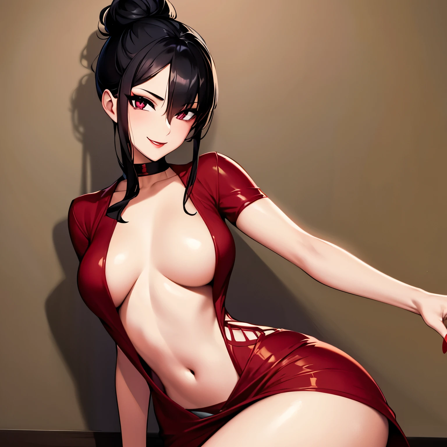 Sexy woman, black hair, top bun, seductive eyes, red smiling lips, dress