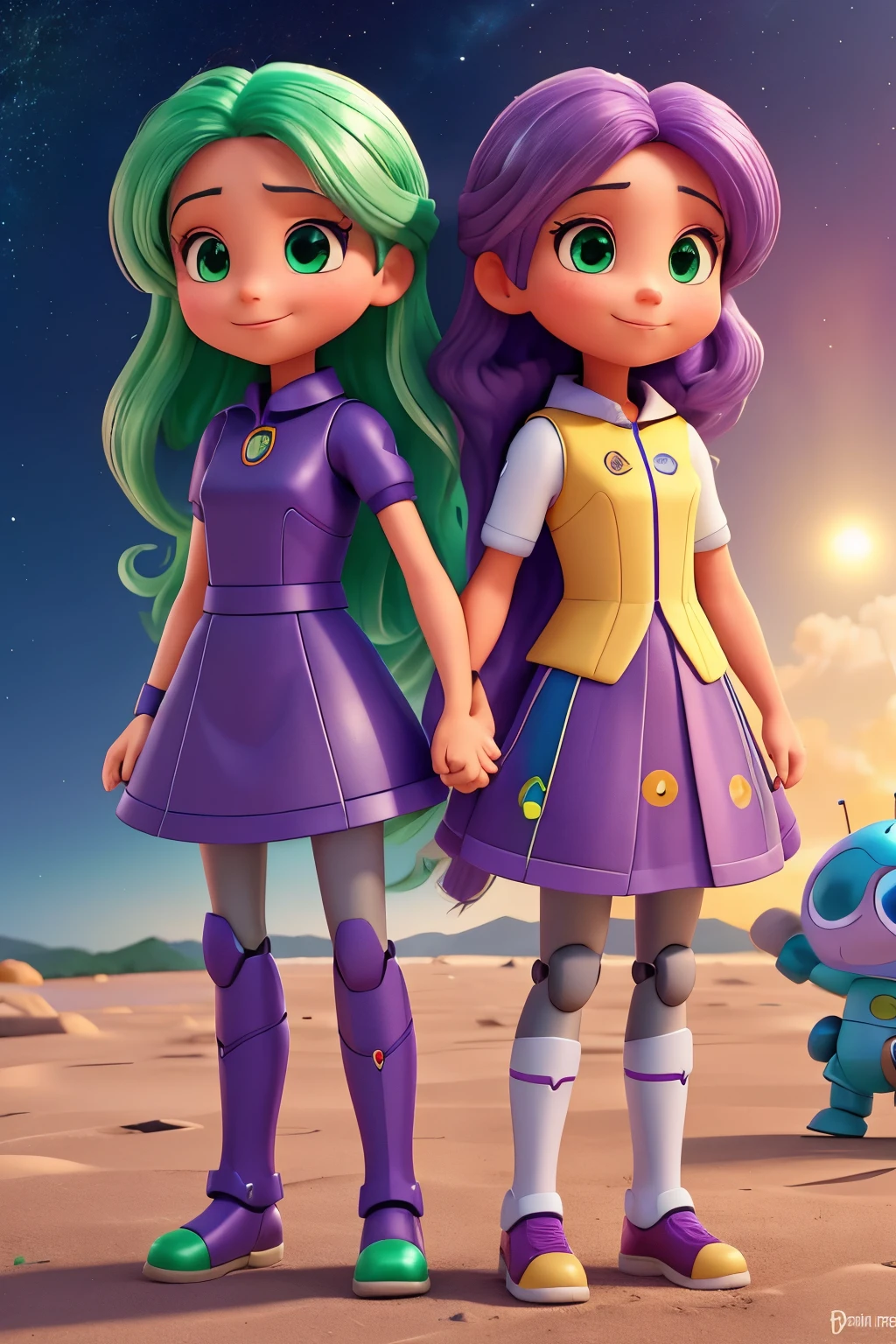 Desenhe uma imagem de duas meninas muito lindas, uma com 10 anos e outra com 11 anos de idade. They both have long, colorful hair., with vibrant tones that highlight your unique beauty. A  de 10 anos tem cabelos em tons de rosa e azul, enquanto a  de 11 anos tem cabelos em tons de roxo e verde.

They are smiling excitedly as they stand next to a mini intergalactic robot. The little robot is green with shiny metallic details and bouncing antennae on its head.. He&#39;s floating in the air next to the girls, with a curious expression on his robotic face.

The girls are dressed in modern and colorful clothes that match their hair, and they are holding hands, mostrando sua amizade e cumplicidade. Ao fundo, we can see a starry sky and distant planets, indicating that they are on an intergalactic adventure.

Crie esta imagem com detalhes encantadores e cores vibrantes, capturing the magic and fun of this human-robot friendship scene. a imagem tem que ser parecida com a da wal diney