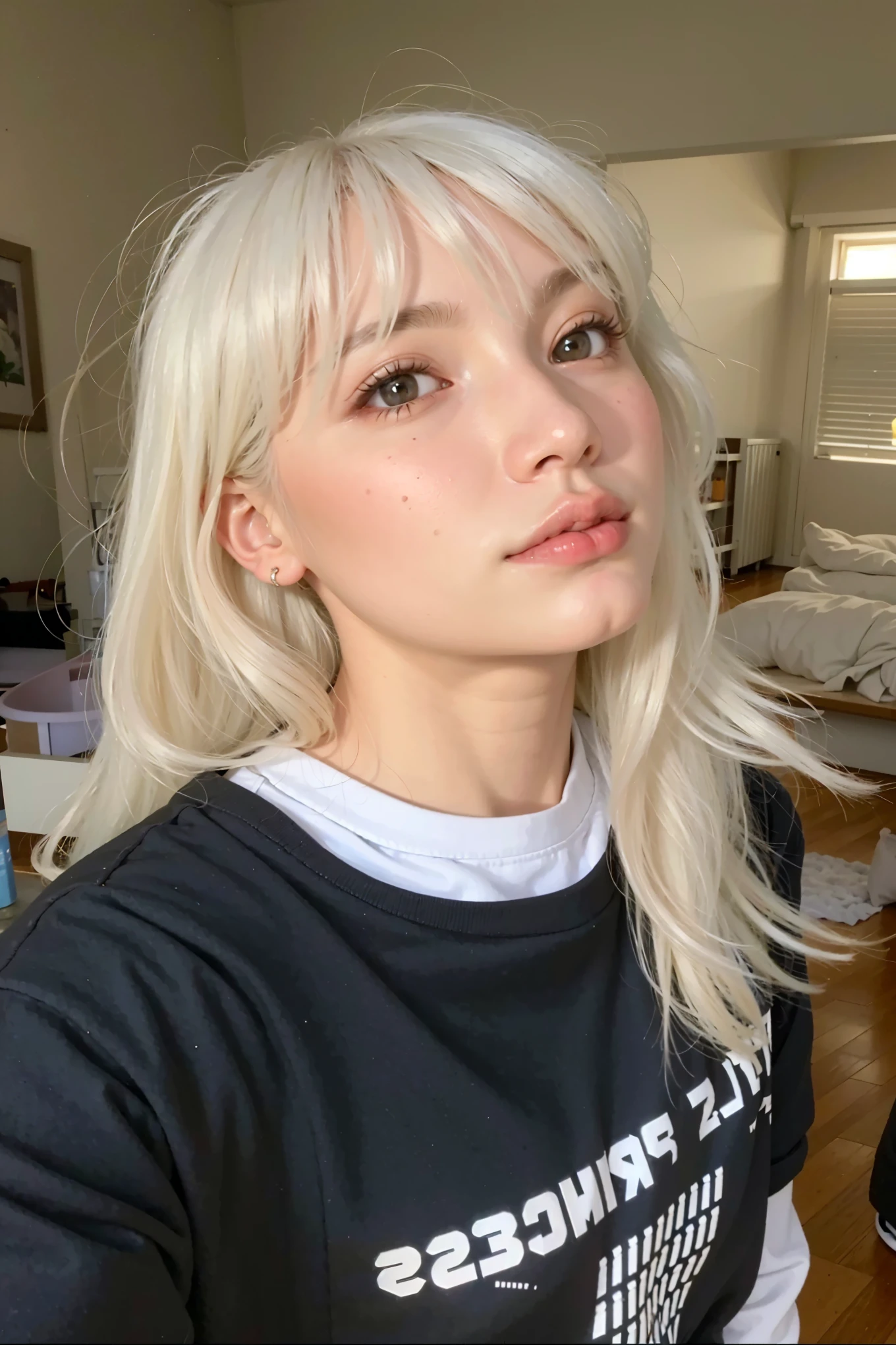 mujer rubia con pelo blanco y camisa negra en una sala de estar, flequillo blanco, su cabello es blanco, pale fur, chica perfecta de pelo blanco, hair flequillo blanco hair, flequillo blanco, pale, shiny skin, pelo largo y blanco y flequillo, very very pale blonde hair, extremely pale blonde hair, pale and light skin!!, pelo blanco con flecos, pale ivory skin