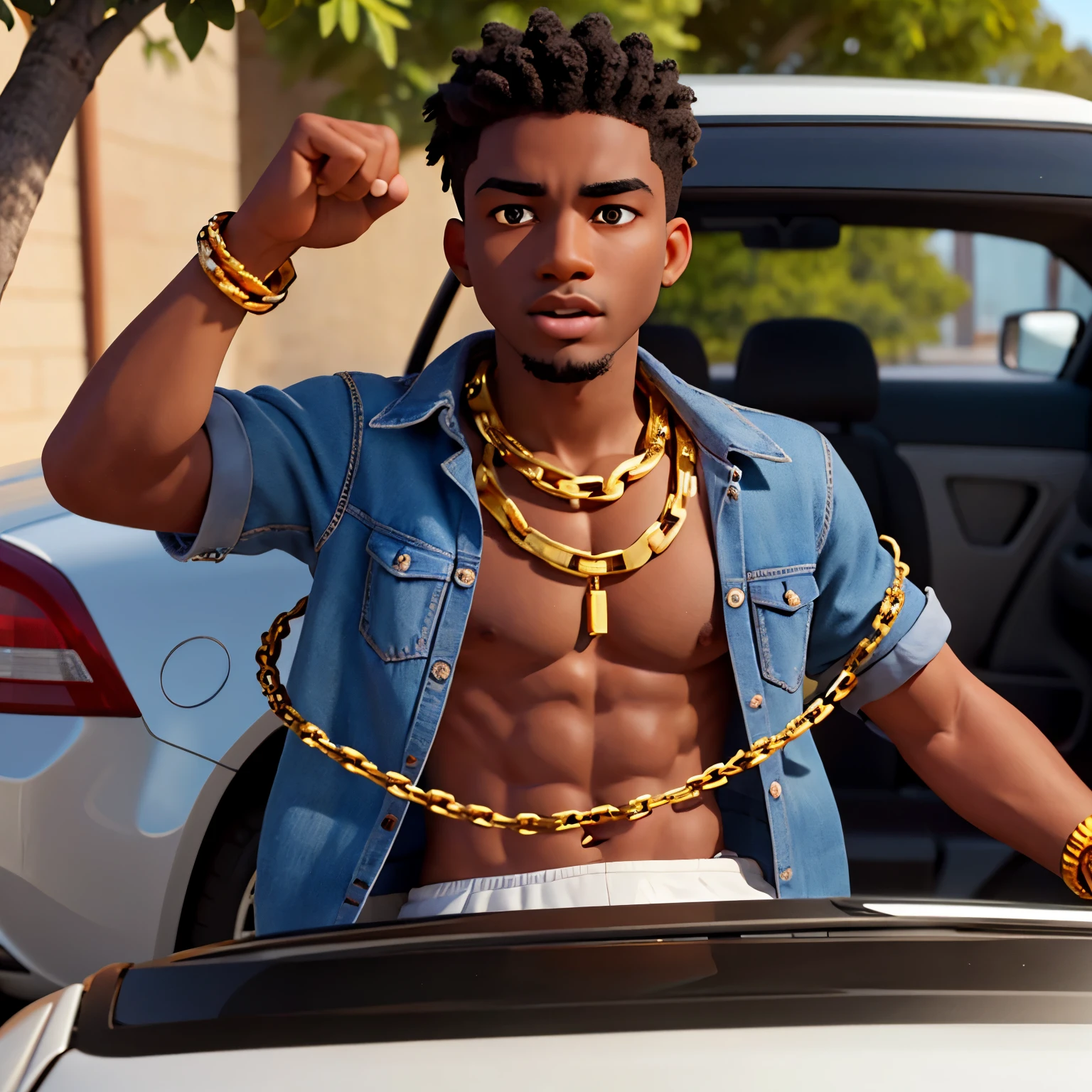 Young shirtless black man with a gold chain around his neck, cabelos lisos e curtos. Em frente a um carro de luxo. 