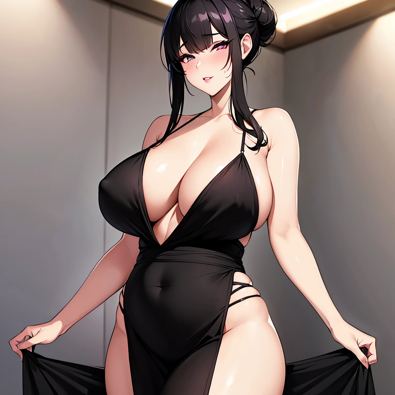 Sexy thick woman, black hair in a bun, plump face, seductive eyes, medium nose, perfect pink lips seductively parted, fairest skin, black long dress, stripping, exposing bare shoulders