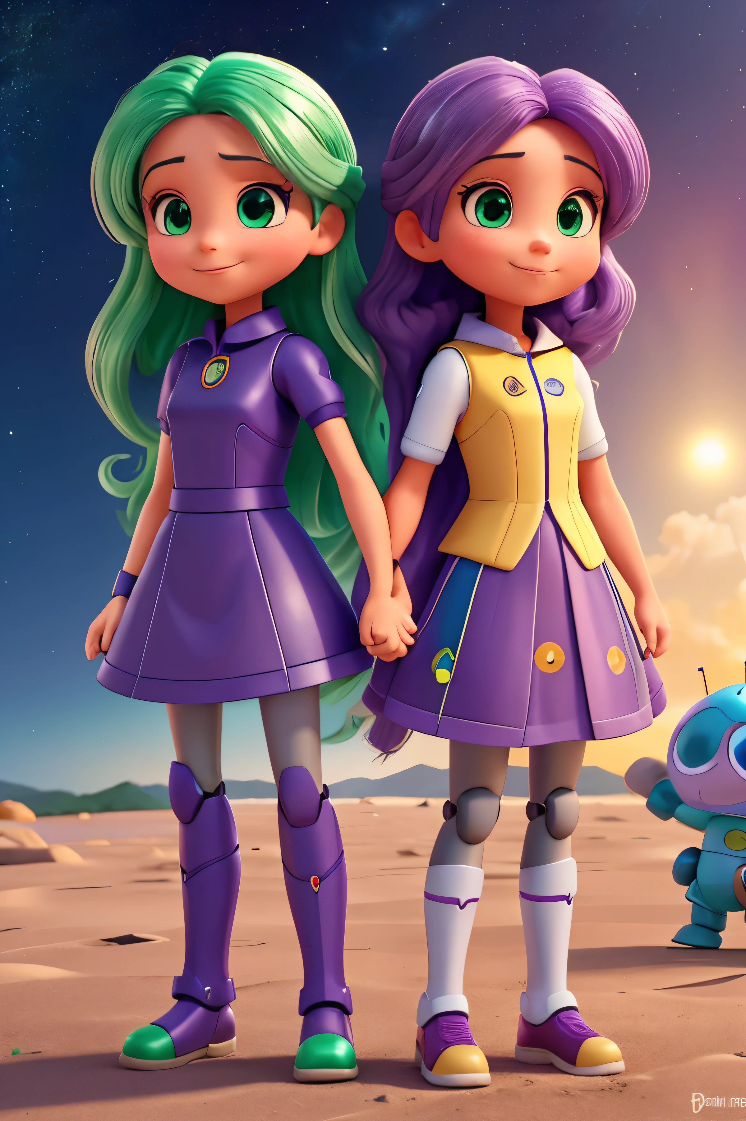 Desenhe uma imagem de duas s muito lindas, uma com 10 anos e outra com 11 anos de idade. They both have a lot of time, cabelo colorido., with vibrant tones that highlight your unique beauty. A de 10 anos tem cabelos em tons de rosa e azul, enquanto a de 11 anos tem cabelos em tons de roxo e verde.
They are smiling excitedly next to an intergalactic mini robot. The little robot is green with shiny metallic details and bouncy antennae on its head... ele'is floating in the air next to the girls, with a curious expression on his robotic face.
The girls are dressed in modern and colorful clothes that match their hair, and they are holding hands, mostrando sua amizade e cumplicidade. Ao fundo, we can see a starry sky and distant planets, indicating that they are on an intergalactic adventure.
Crie esta imagem com detalhes encantadores e cores vibrantes, capturing the magic and fun of this human-robot friendship scene. a imagem tem que ser parecida com a da wal diney