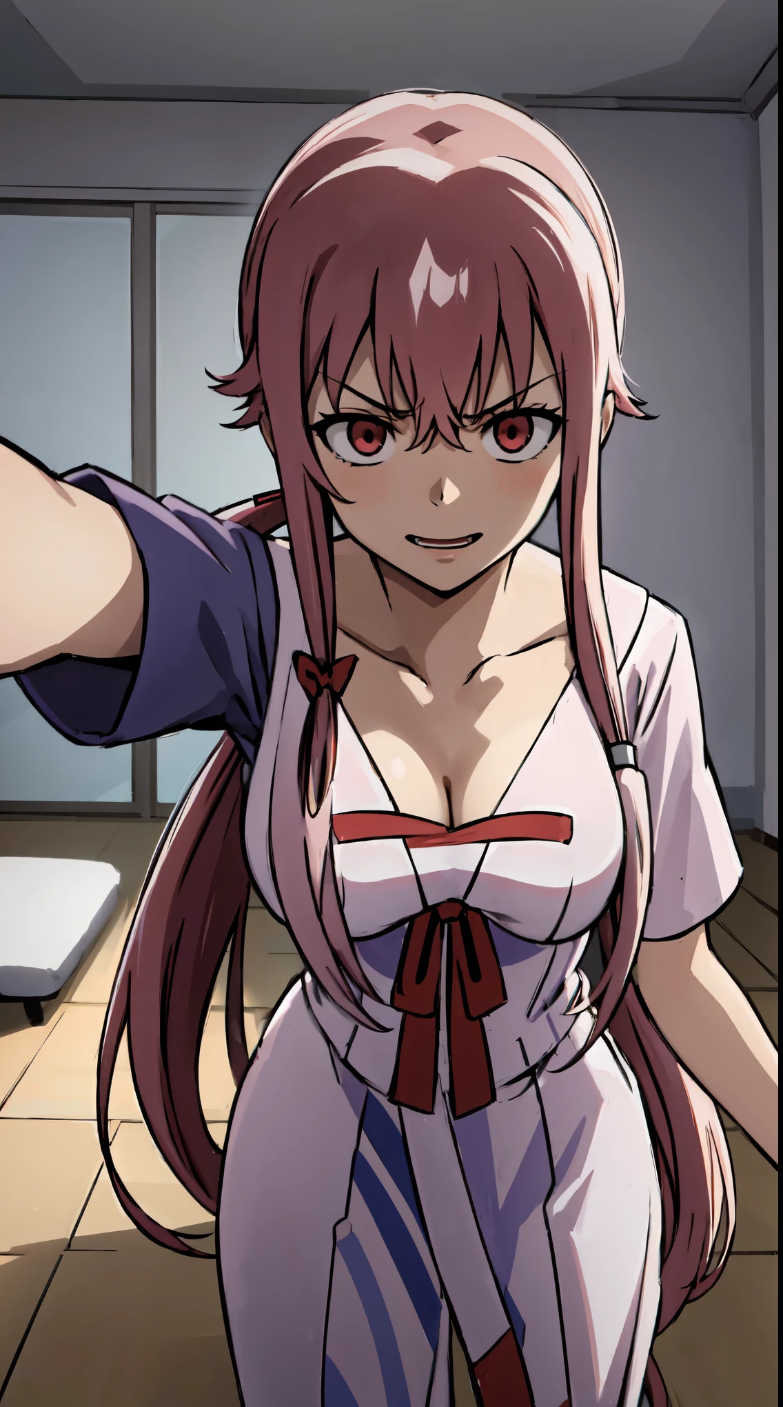 anime_still, masterpiece, best quality, 1girl, Gasai Yuno,large breasts, red eyes, (hospital_gown:1.5), (Psychiatric hospital:1.5), insane, ((padded room)), asylum, Psycho, padded room, mental patient, exposed cleavage, empty eyes, (shaded face:1.1), pov selfie, 1girl solo, kabedon pov, CRAZY SMILE, (YANDERE,CRAZY EXPRESSION:1.6), angry eyes