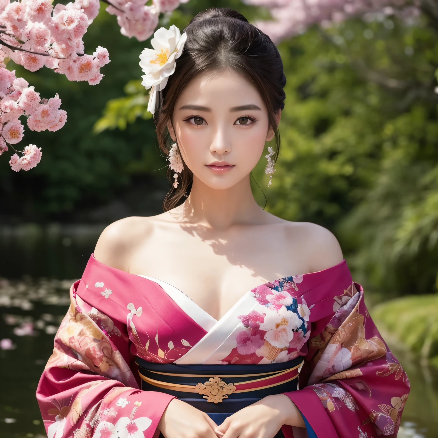 In a futuristic scene, Geisha in Japan with mechanical reinforcement、Elegant in elaborate gardens. She has beautifully detailed eyes and lips that complement her face.. Les geishas portent des kimonos traditionnels avec des motifs et des dessins complexes. Around her are bright cerisier and a quiet carp pond. The scene is painted with a mixture of&#39;illustration et de photoréalisme, Ultra-detailed brushstrokes and clarity, Des couleurs vives. L&#39;éclairage souligne les traits élégants de la geisha, Donne à sa peau de porcelaine un éclat doux. The works of&#39;art are of the highest quality, Résolution 4K ou 8K, Showcase the Intricate Details of Geisha Outfit, cerisier, And the shimmering scales of the carp. La palette de couleurs globale est、C&#39;est une combinaison de nuances traditionnelles du Japon, cramoisi, etc.., les noirs, and subtle golden accents, very flowery with cherry trees. La fusion des traditions anciennes et des fleurs de cerisier ,du printemps japonais、Create captivating, visually striking masterpieces.（shoulders are exposed）, un air hautain,hautaine,La poitrine est visible、Vous pouvez voir la vallée、sont visibles、exposed shoulders、(collier en dentelle:1,2),Chest revealed、(Off the shoulder style) (teinte fuchsia:3,1)