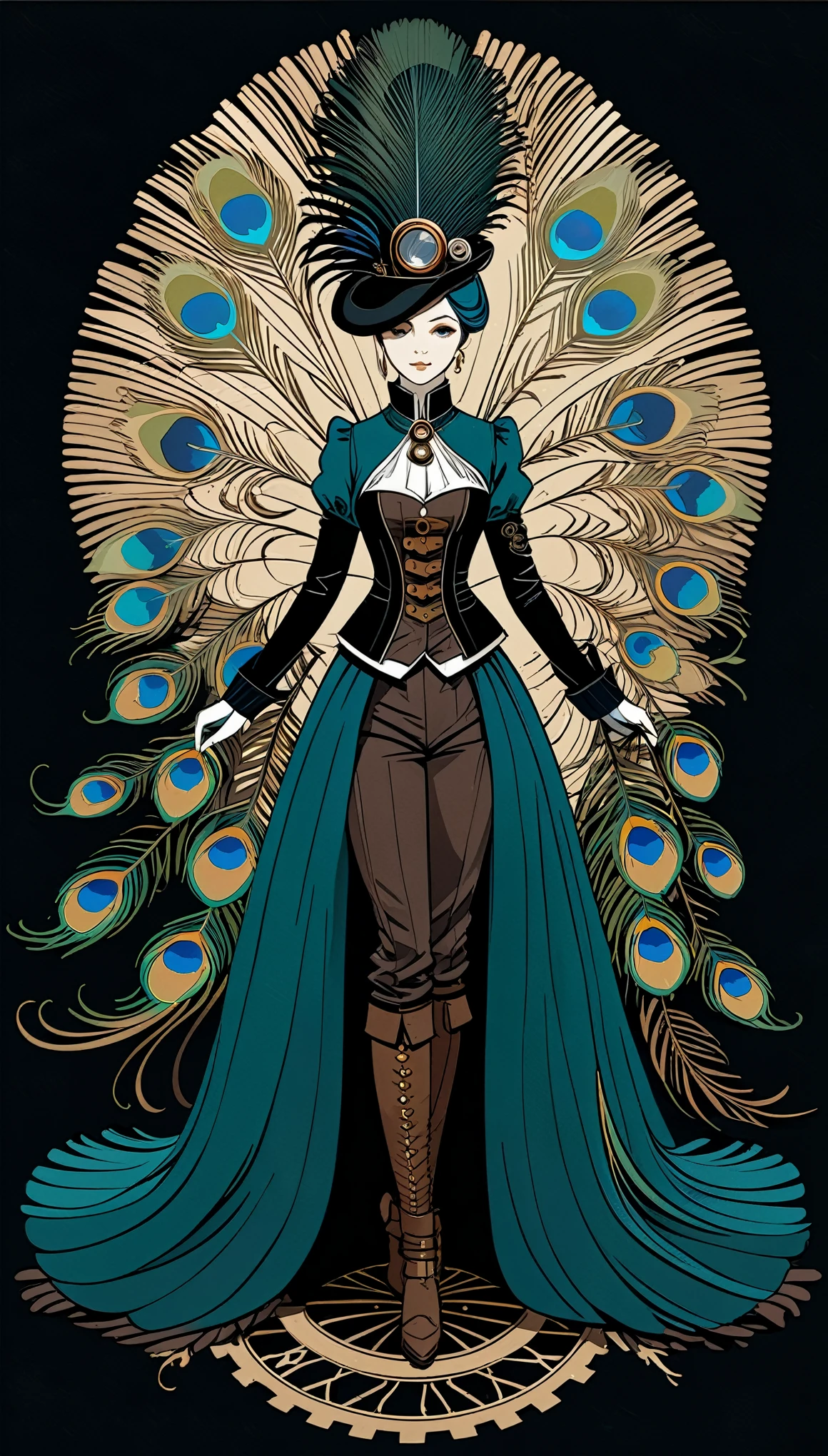 in style of Alessandro Gottardo,on mostly black background,Full body action portrait of a steampunk girl,(((Peacock feather decoration))),Dark tones,