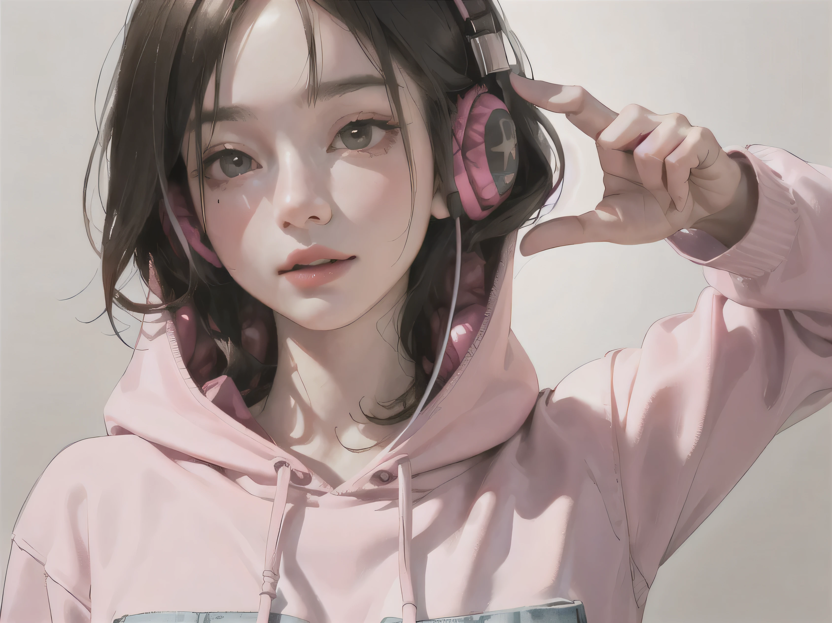 (masterpiece:1.2, highest quality), (highly detailed face, real picture, realistic skin, realistic body, intricate details), alone, 1 milf, casual,pink hoodie、shorts、headphone