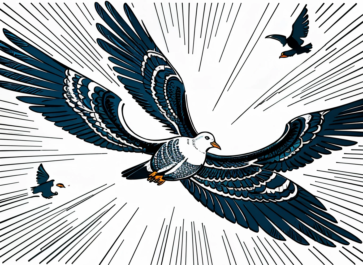 The graphic style is a one-stroke line with flying doves.