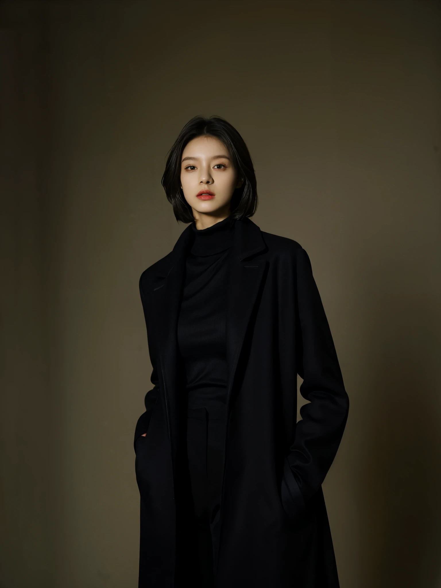 Best quality at best,tmasterpiece,ultra high resolution,(realness:1.4),RAW photogr,Cinematic texture,1 cool girl,Tall and tall，Dressed in turtleneck，black long coat，standing in the plain background，looks into camera，fashion photoshoot, fashion model, black bob hair, gorgeous eyes