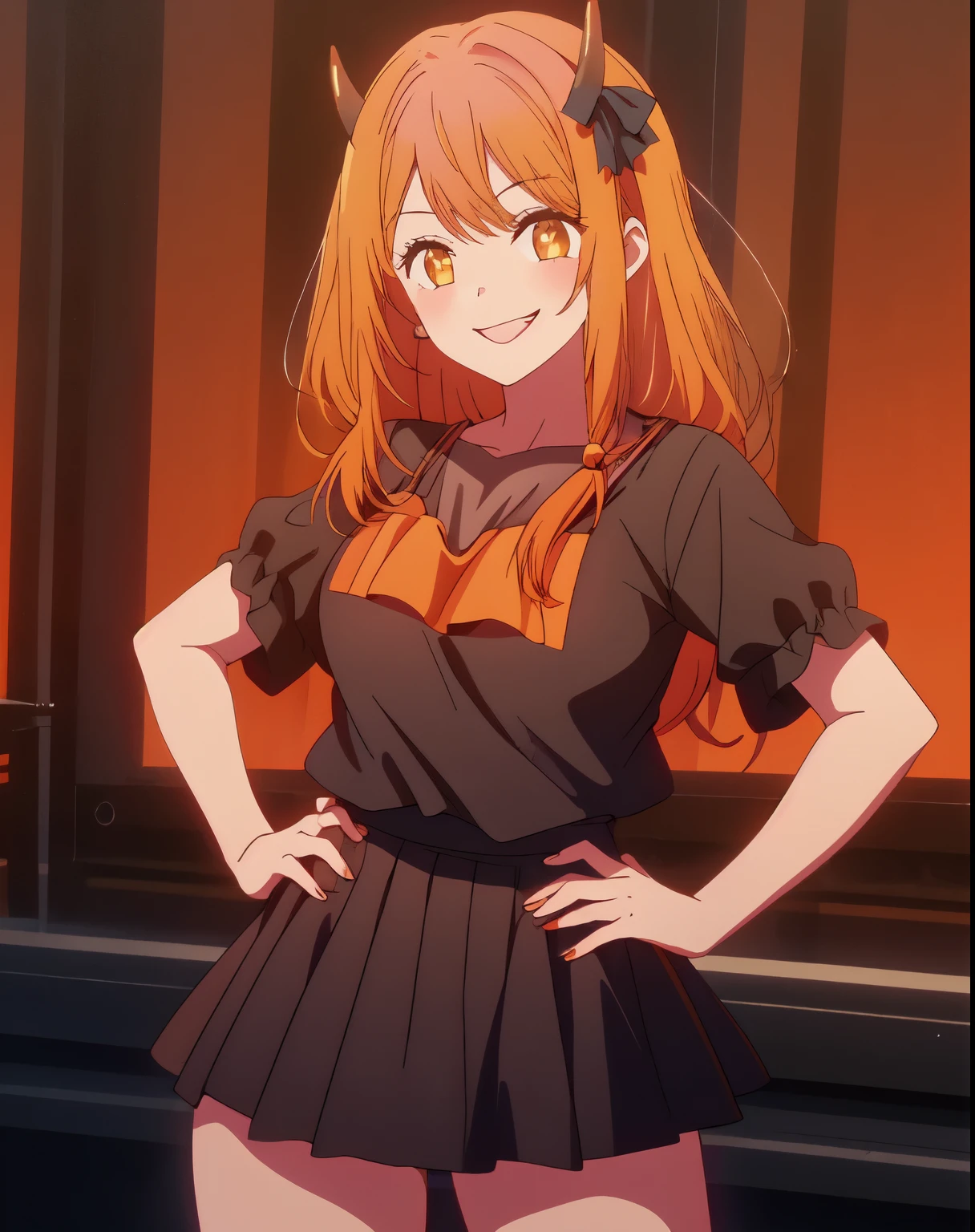 1girl, light-orange coloured hair, black t-shirt, black bandana, black skirt, smiling at viewer, one hand on hip, hip sway, one hand on chest, black horns,