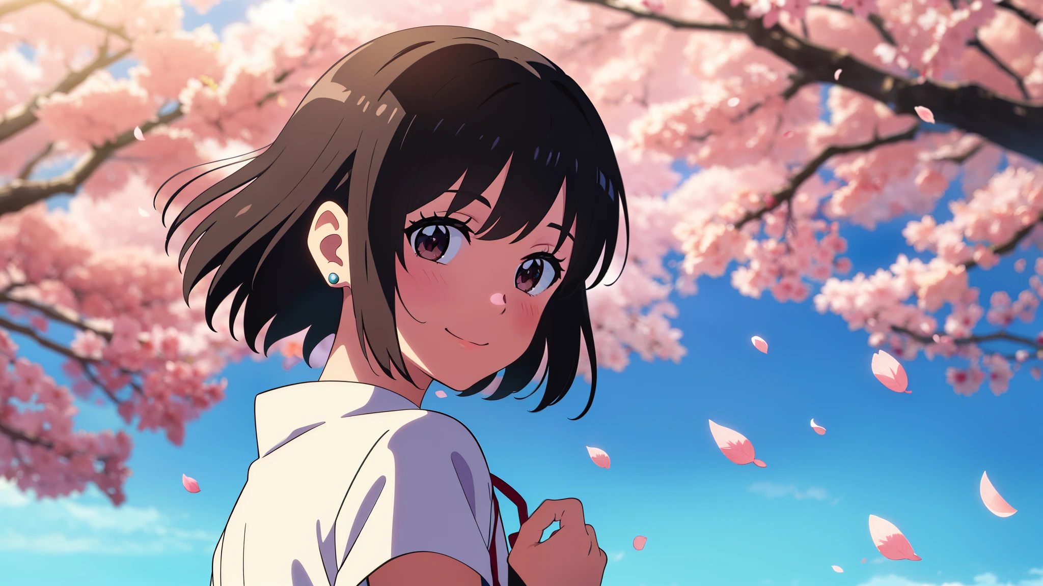shinkai makoto, kimi no na wa., 1girl, bangs, black hair, blush, bright eyes, brown eyes, red headband, red ribbon, short hair, shinny hair, smile. cute, beautiful, shiny skin, looking at the viewer, solo, white dress, pleated skirt, short sleeves, earrings, cherry_blossoms, falling_petals, petals, branch, pink_flower, sky, sunlight, spring_season, wind, tree, upper body