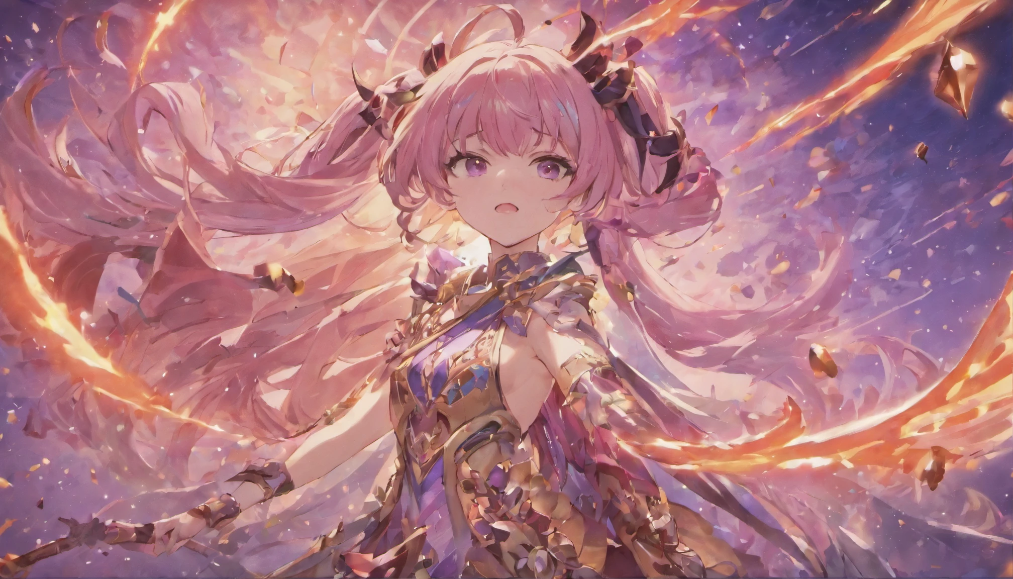 masterpiece,the best,quality,vivid,Face,gem,pupil,Refined Face,CG feeling,Color with many colors,clear details,Hair is okay,,black pantyhose,sling,pink hair,Nalumei,Blue sky as background,purple butterfly,There are horns on the head,Gorgeous Katana,Granblue Fantasy,高quality,cool,HD wallpapers,stunning background, stunning wallpapers,Very detailed and beautiful wallpaper, HD images,adult women