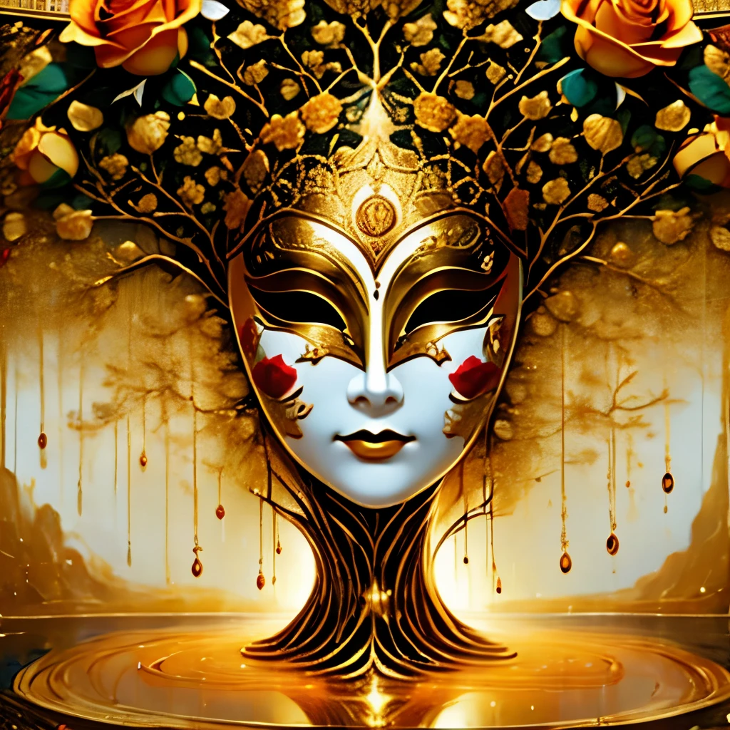 （best quality，4k，masterpiece：1.2），super detailed，lifelike:1.37，Beautiful symmetrical mask oiled with thick brush strokes and wet paint, Proportional gold, melted wax |, Visible strokes, Symmetrical mask in roses，White mask surrounded by roses, Mosaic wireframe 3d, neurographics, Neurons, tree of Life, Cole, like, enthusiasm, oil on canvas, thick strokes, extremely detailed, 8K Ultra HD, masterpiece, art station, surreal，symmetry art