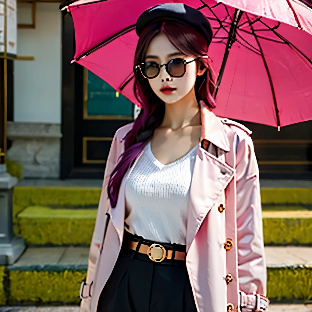 4k, actual, high detail, Super eyes detailed, fashion clothing, Pink trench coat, french beret, Black pants with belt, long hair, in the city, pink hair, purple eyes, Yae Shrine Maiden, Wearing stylish sunglasses,