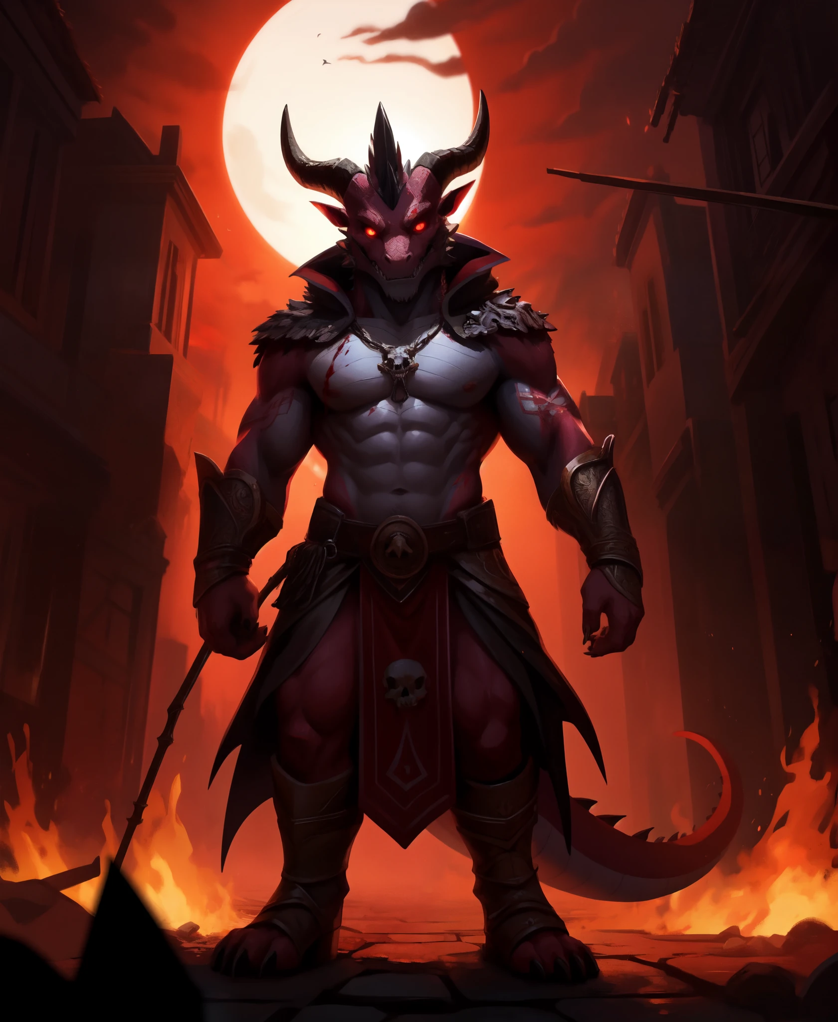 masterpiece, best quality, hi res, furry, anthro, (dragon), red body, red eyes, horns, tail, horror core, red theme, dark, (bones), blood, fire, (skulls), glowing eyes, solo, 1 boy, masterpiece, best quality, extremely detailed, expressive, epic setting, very detailed, darkness, photography, hyper realistic, moody, intricate detail, depth of field, bokeh, muscular, digitigrade, wingless, loincloth, 1 tail, cult, by Pino Daeni, canyne khai, milkytiger1145, dagasi