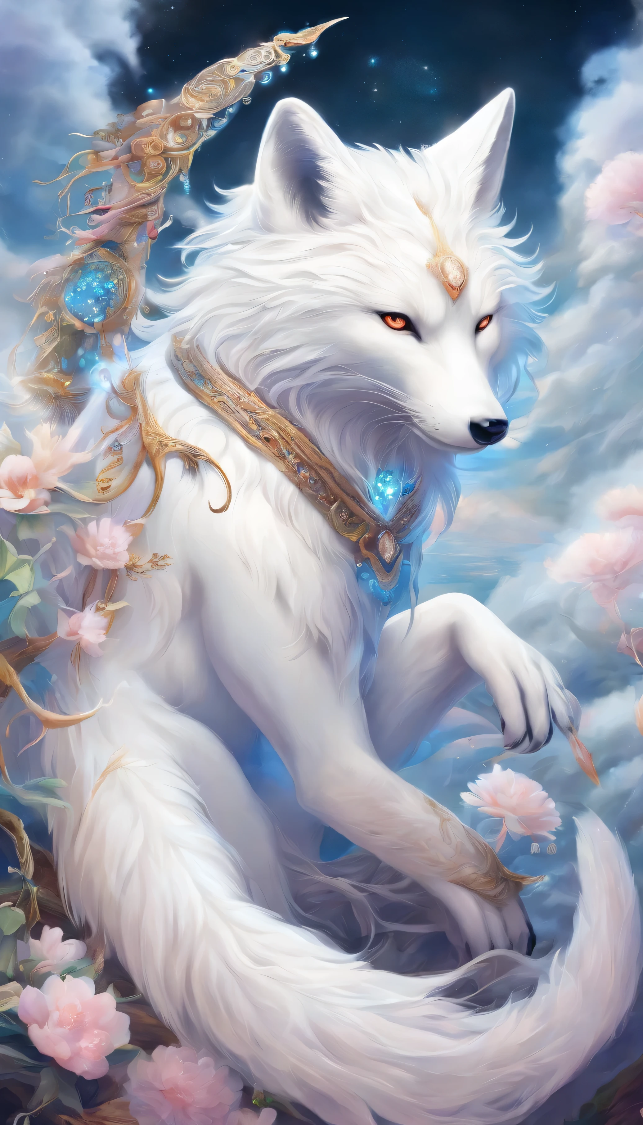 chinese mythology,giant white fox,thick clouds,(((9 tailoring,moon,master piece,best image quality,super fine,super magical,super detailed,8K resolution,OC renderer,dynamic viewing angle , ((front view:1.4)), One animal,