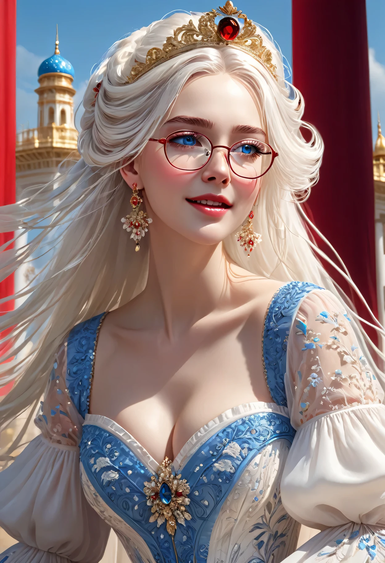 ((Extremely detailed CG unified 8K wallpaper)), masterpiece, super detailed, floating, High resolution, Sexual innuendo, A girl sheds tears of joy,White hair looks ridiculous, Princess, blue eyes, (Gorgeous long white and red sheer tiered maxi dress,Long parted wide sleeves and intricate embroidery), (Tears rolled down my cheeks),Ruffled petticoat, Gorgeous corset,luxurious palace, royal style, (wear glasses),(hair accessories),