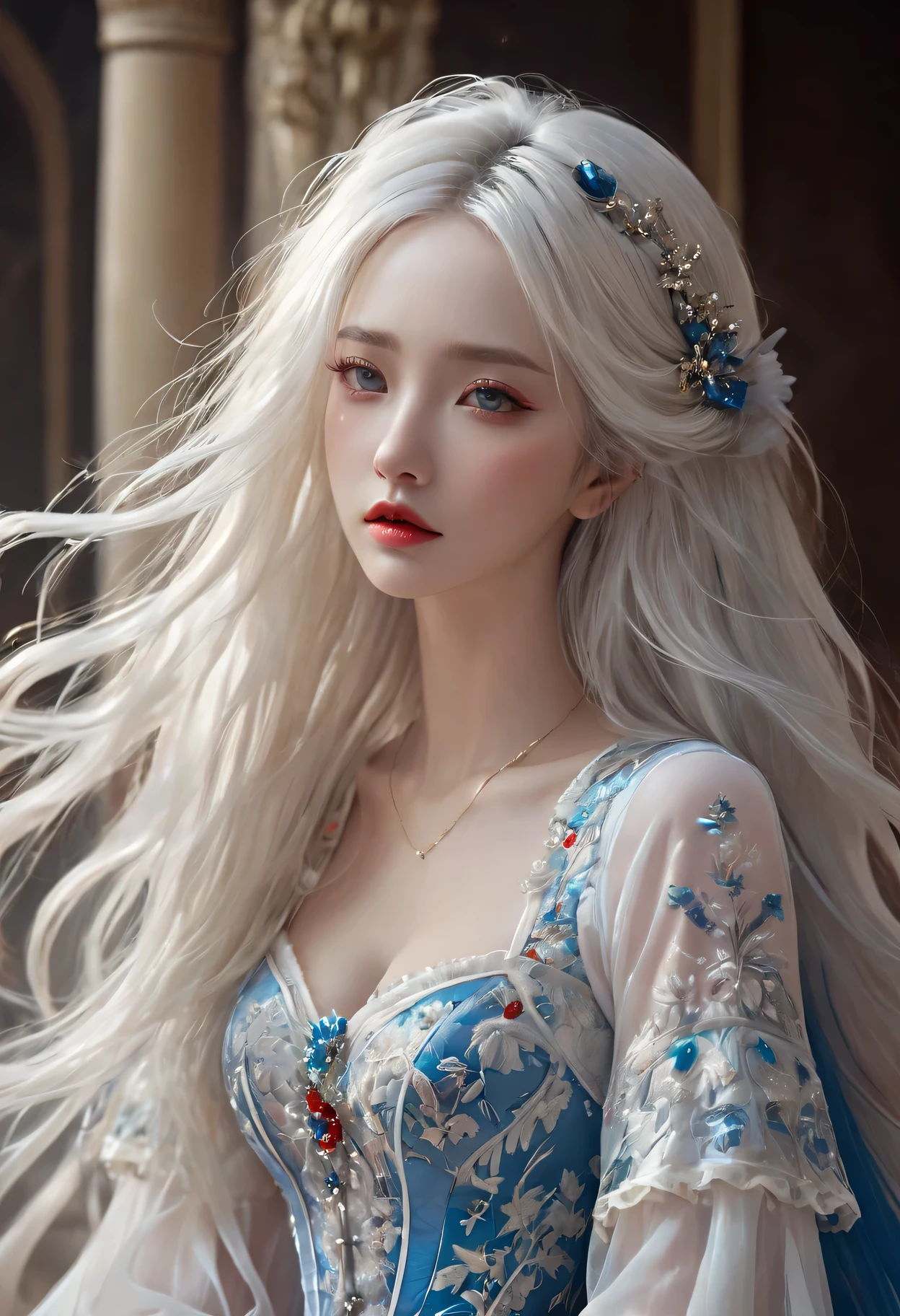 ((Extremely detailed CG unified 8K wallpaper)), masterpiece, super detailed, floating, High resolution, Sexual innuendo, Expressions of sadness and crying, White hair looks ridiculous, Princess, blue eyes, (Gorgeous long white and red sheer tiered maxi dress,Long parted wide sleeves and intricate embroidery), (Tears rolled down my cheeks),Ruffled petticoat, Gorgeous corset,luxurious palace, royal style, (wear glasses),(hair accessories),