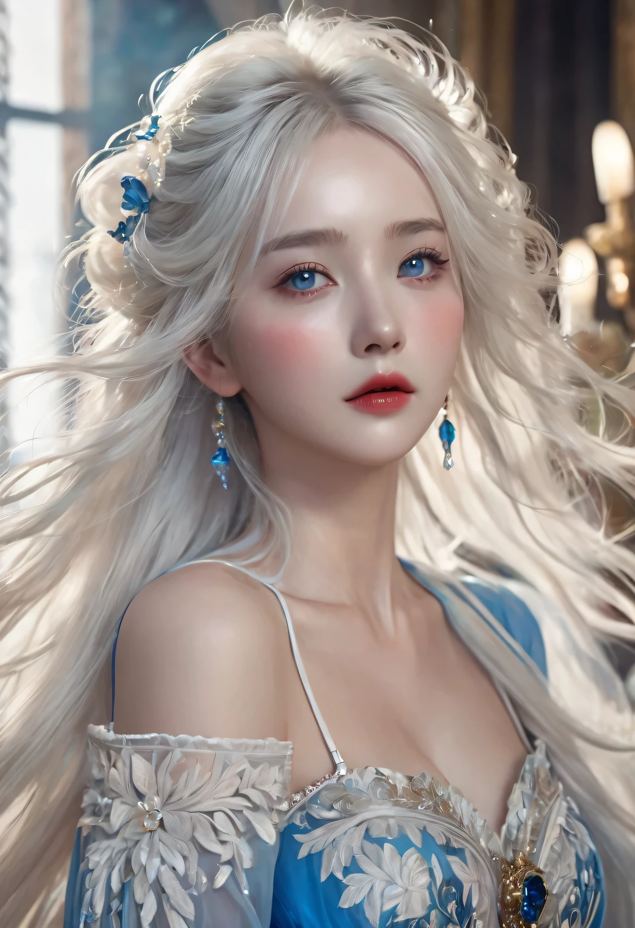 ((Extremely detailed CG unified 8K wallpaper)), masterpiece, super detailed, floating, High resolution, Sexual innuendo, Expressions of sadness and crying, White hair looks ridiculous, Princess, blue eyes, (Gorgeous long white and red sheer tiered maxi dress，Long parted wide sleeves and intricate embroidery), (Tears rolled down my cheeks)，Ruffled petticoat, Gorgeous corset,luxurious palace, royal style, (wear glasses),(hair accessories),