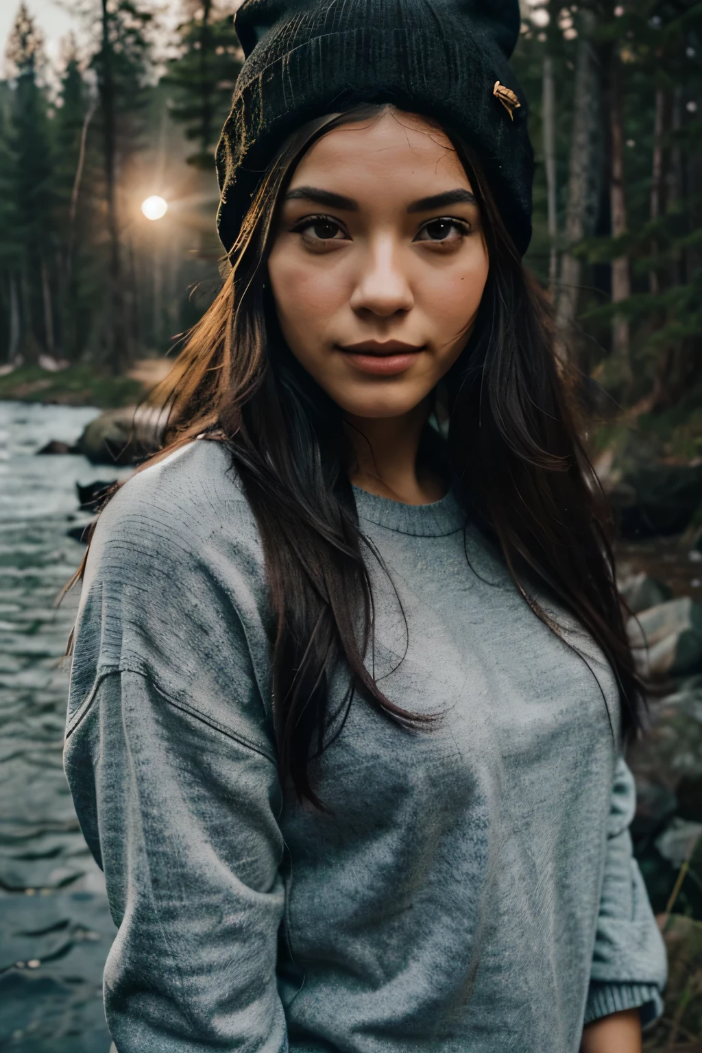 photograph, photo of beautiful woman, black hair, selfie, upper body, solo, wearing pullover, outdoors, (night), mountains, real life nature, stars, moon, cheerful, happy, gloves, sweater, beanie, forest, rocks, river, wood, smoke, fog, looking at viewer, skin texture, photo grain, close up, RAW photo