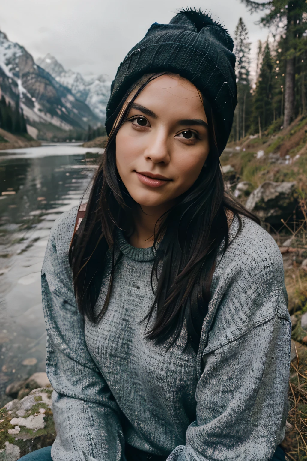photograph, photo of beautiful woman, black hair, selfie, upper body, solo, wearing pullover, outdoors, (night), mountains, real life nature, stars, moon, cheerful, happy, gloves, sweater, beanie, forest, rocks, river, wood, smoke, fog, looking at viewer, skin texture, photo grain, close up, RAW photo