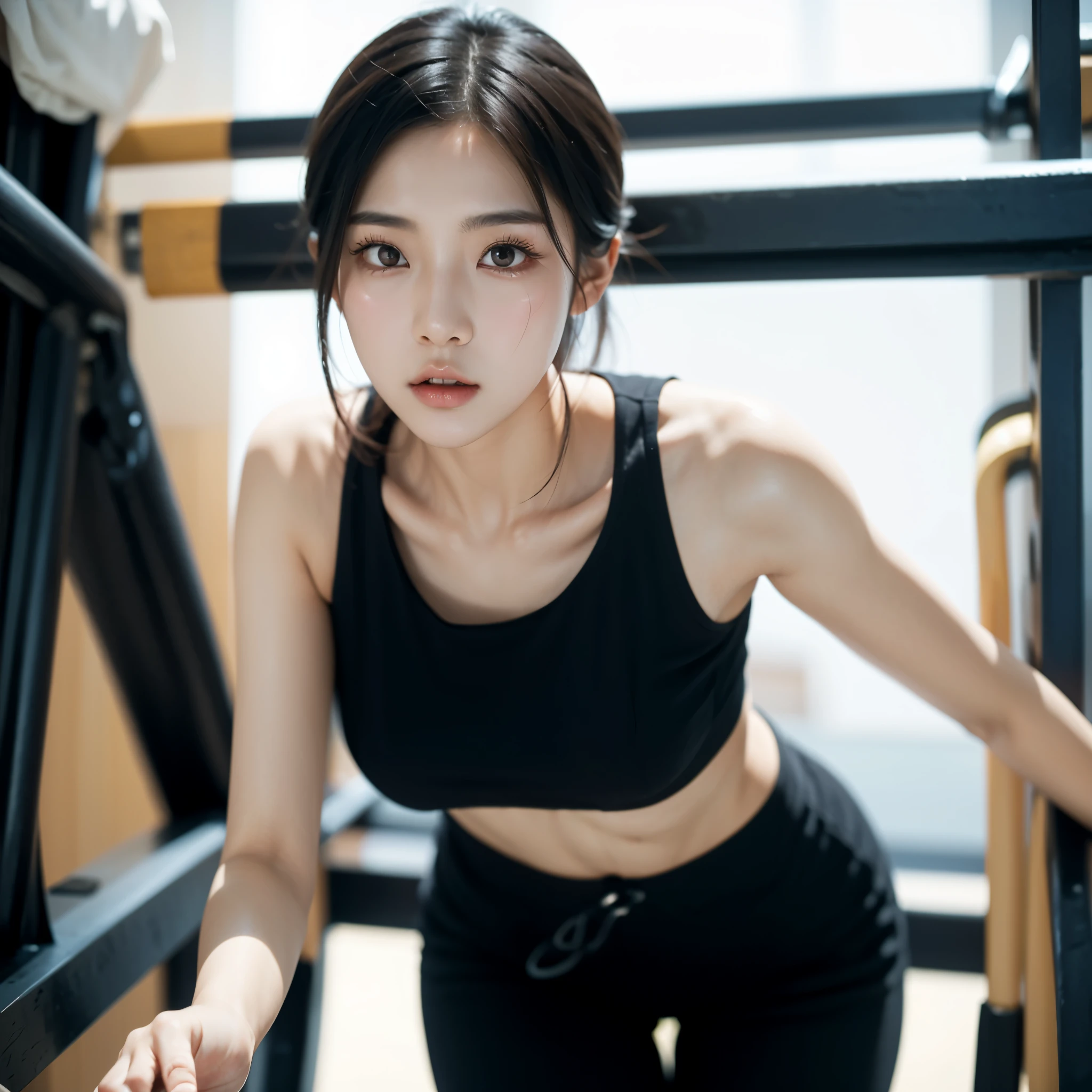 Alaphid Asian woman wearing black top and black pants standing on stairs, Photos of slim girls, wenfei ye, li zixin, Xision Wu, Dilireba, xintong chen, gongbi, Photos of slim girls model, chengyou liu, Shanzhai Core!! fitness body, jinyiwei, Cai Xukun, Jia