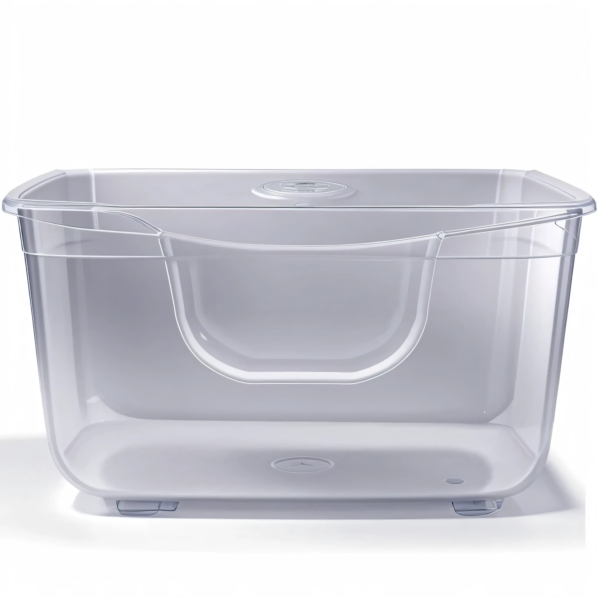 有一个transparent猫砂盆,full length view. transparent plastic, Hull, product photo, , high detail product photo, A big one,transparent, detailed product photo, CTV, PP, high quality product photo, front, bottom view, sink, full height view, The overall shape is rounded,front还有一个圆角矩形的凹槽,it's shaped like a cat litter box,Not a fish tank or bathtub
